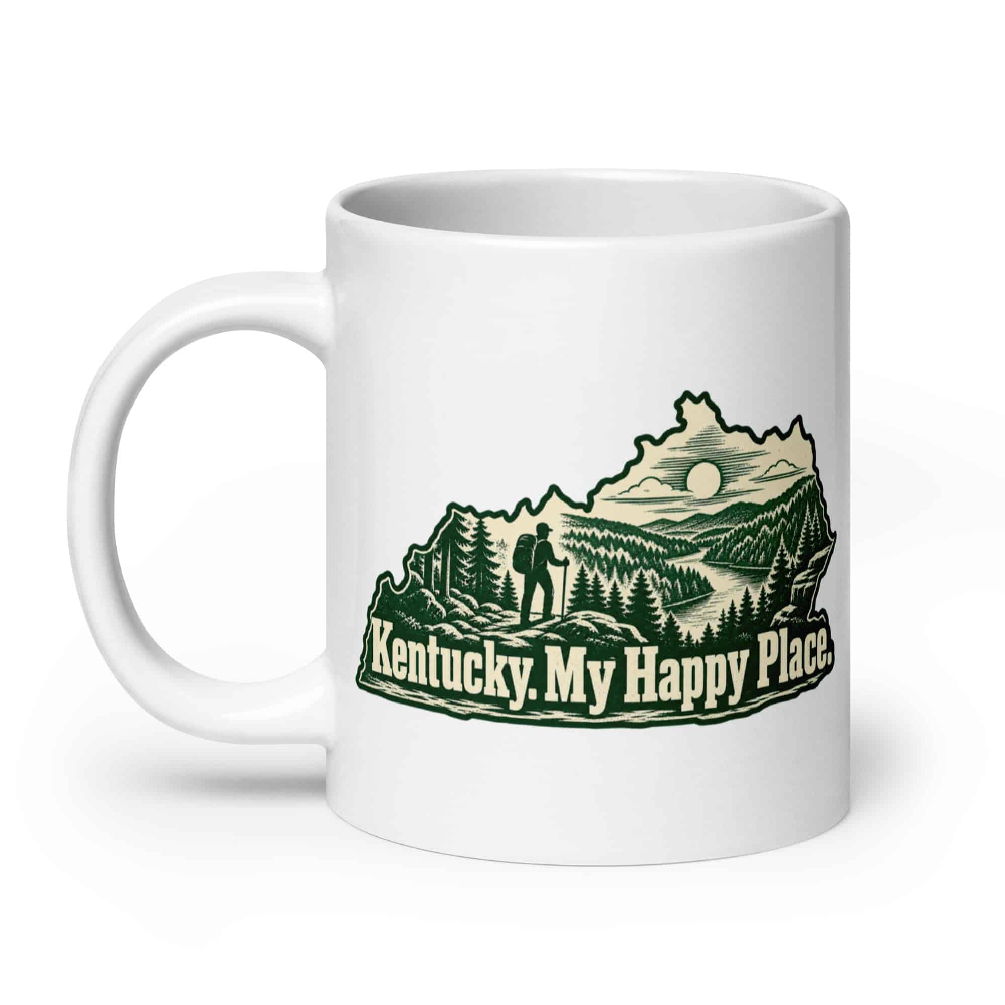 Kentucky White Ceramic Coffee Mug: Forest trail and hiking silhouette, Woodcut Kentucky Silhouette