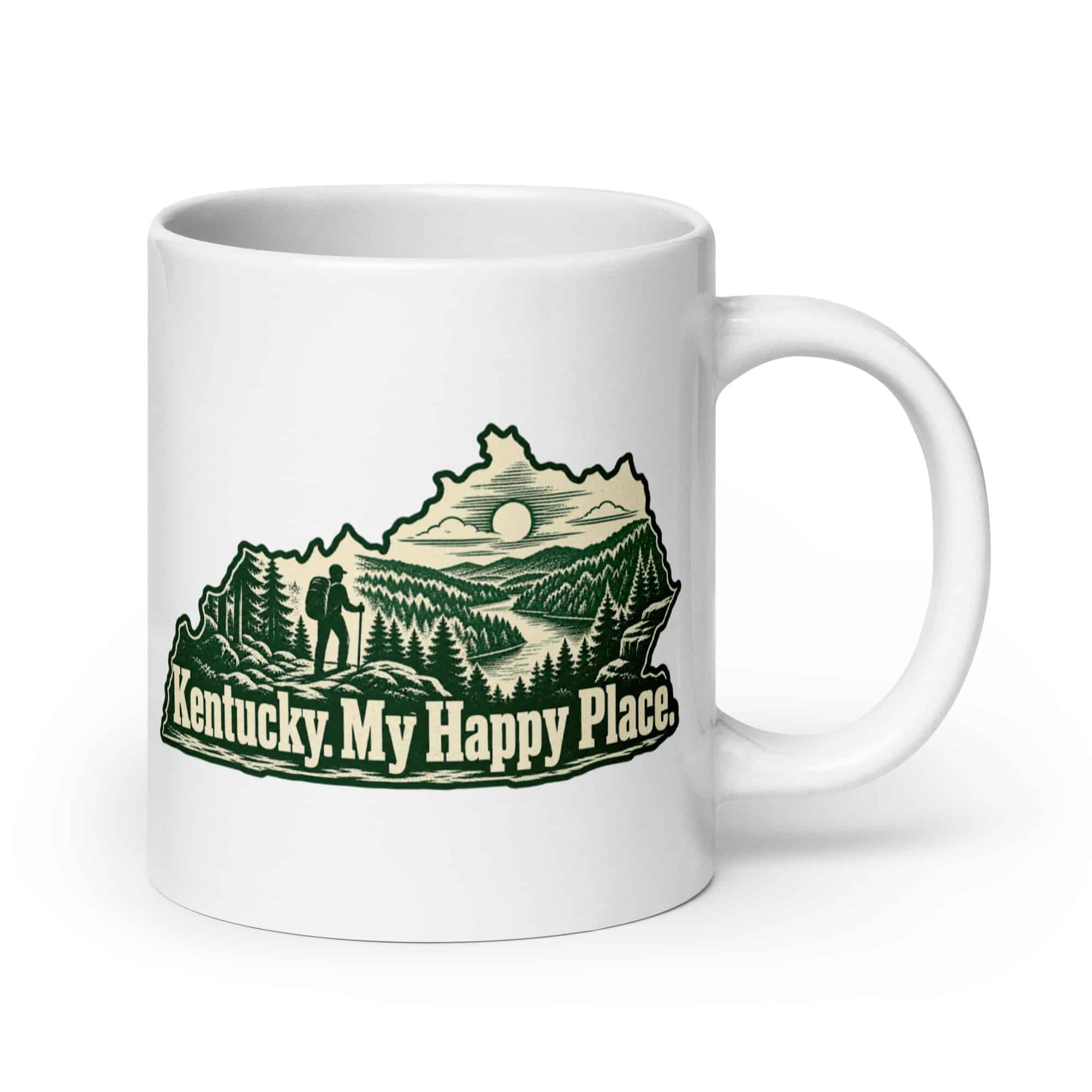 Kentucky White Ceramic Coffee Mug: Forest trail and hiking silhouette, Woodcut Kentucky Silhouette