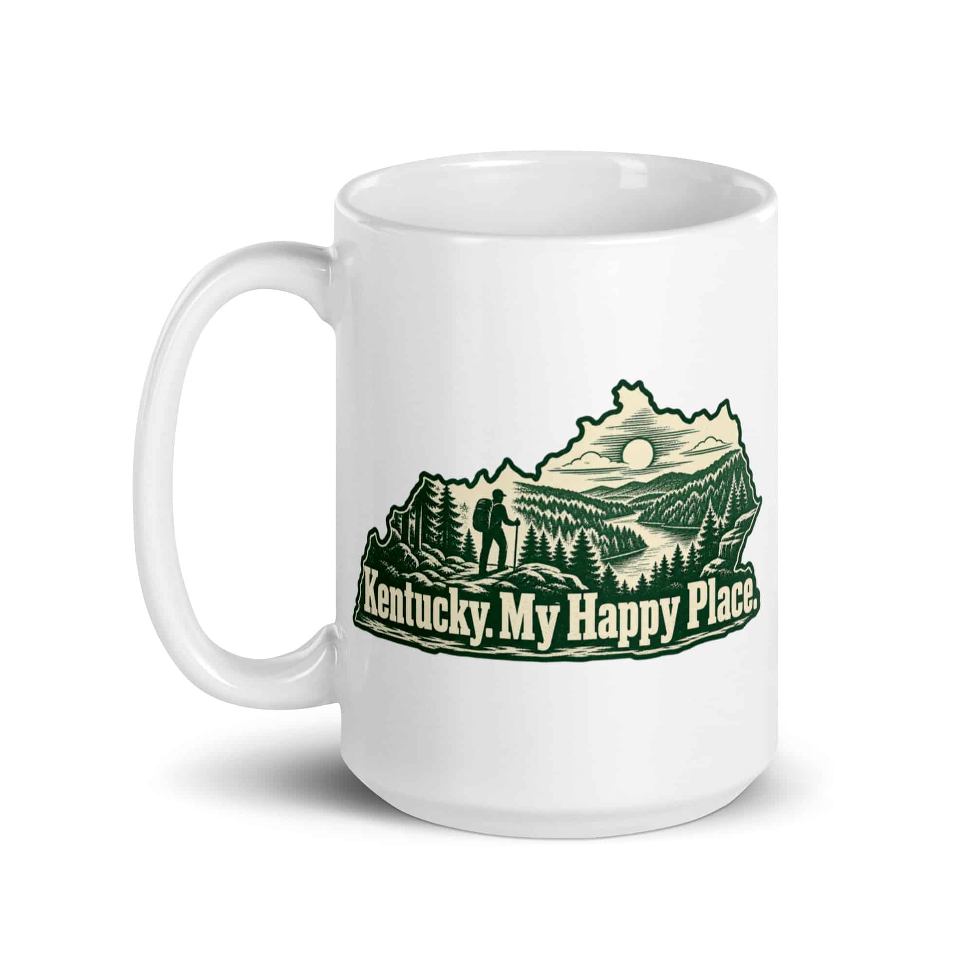 Kentucky White Ceramic Coffee Mug: Forest trail and hiking silhouette, Woodcut Kentucky Silhouette