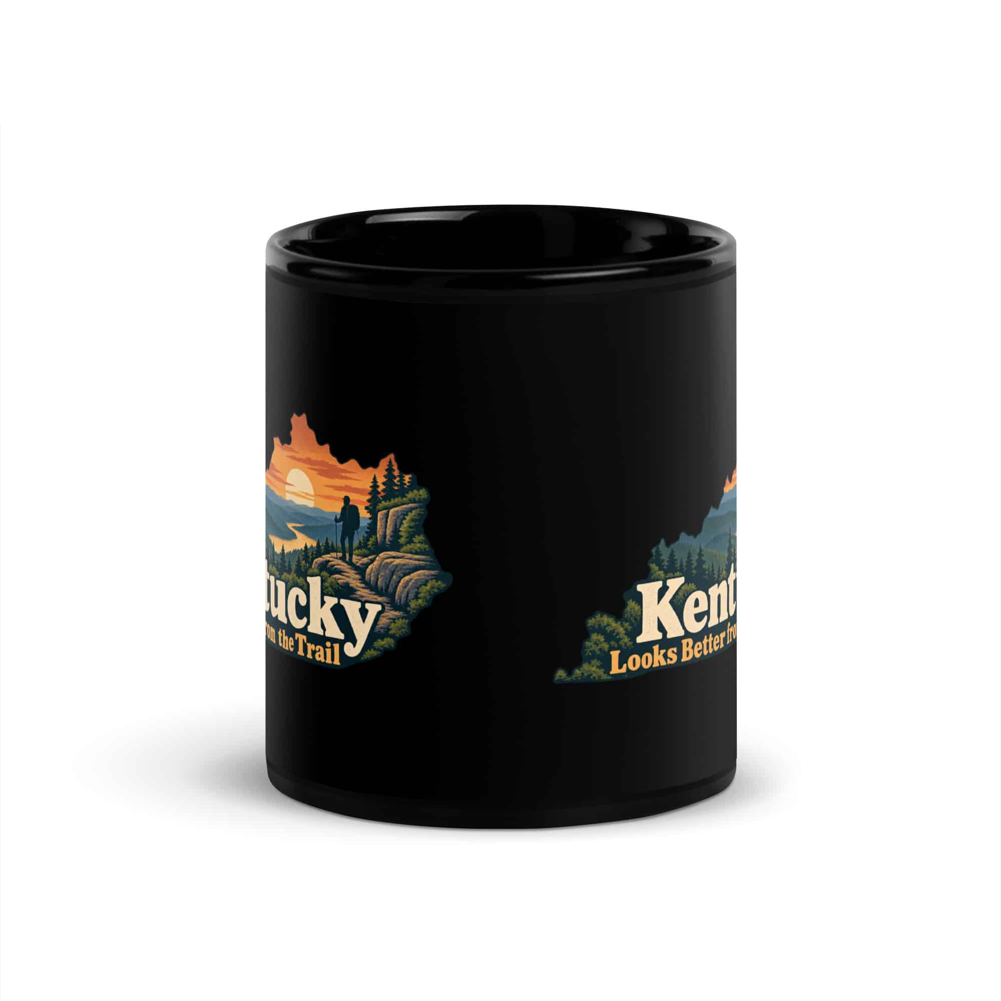 Kentucky Black Coffee Mug: Forest trail and hiking silhouette, Colorful Kentucky Silhouette