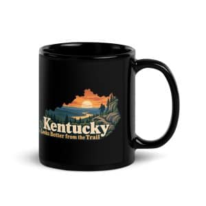 Kentucky Black Coffee Mug: Forest trail and hiking silhouette, Colorful Kentucky Silhouette - 11 oz - Handle on Right