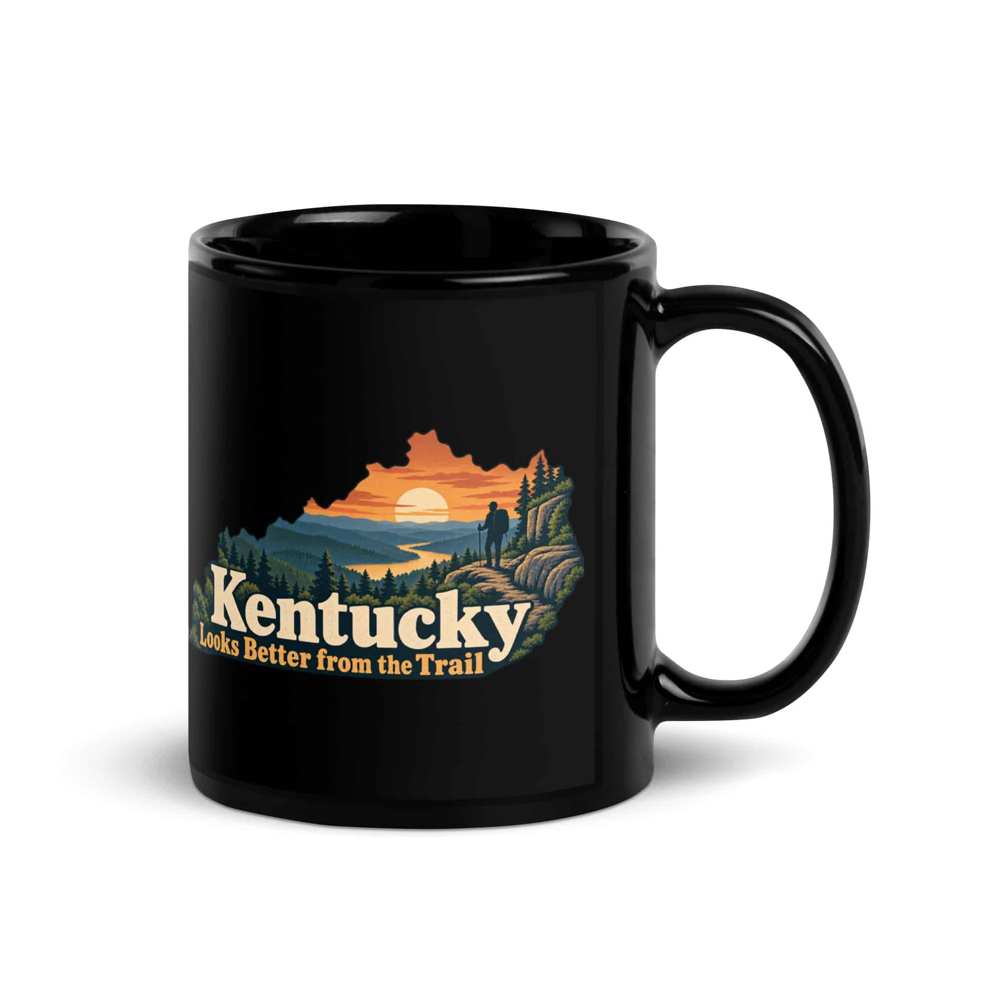 Kentucky Black Coffee Mug: Forest trail and hiking silhouette, Colorful Kentucky Silhouette