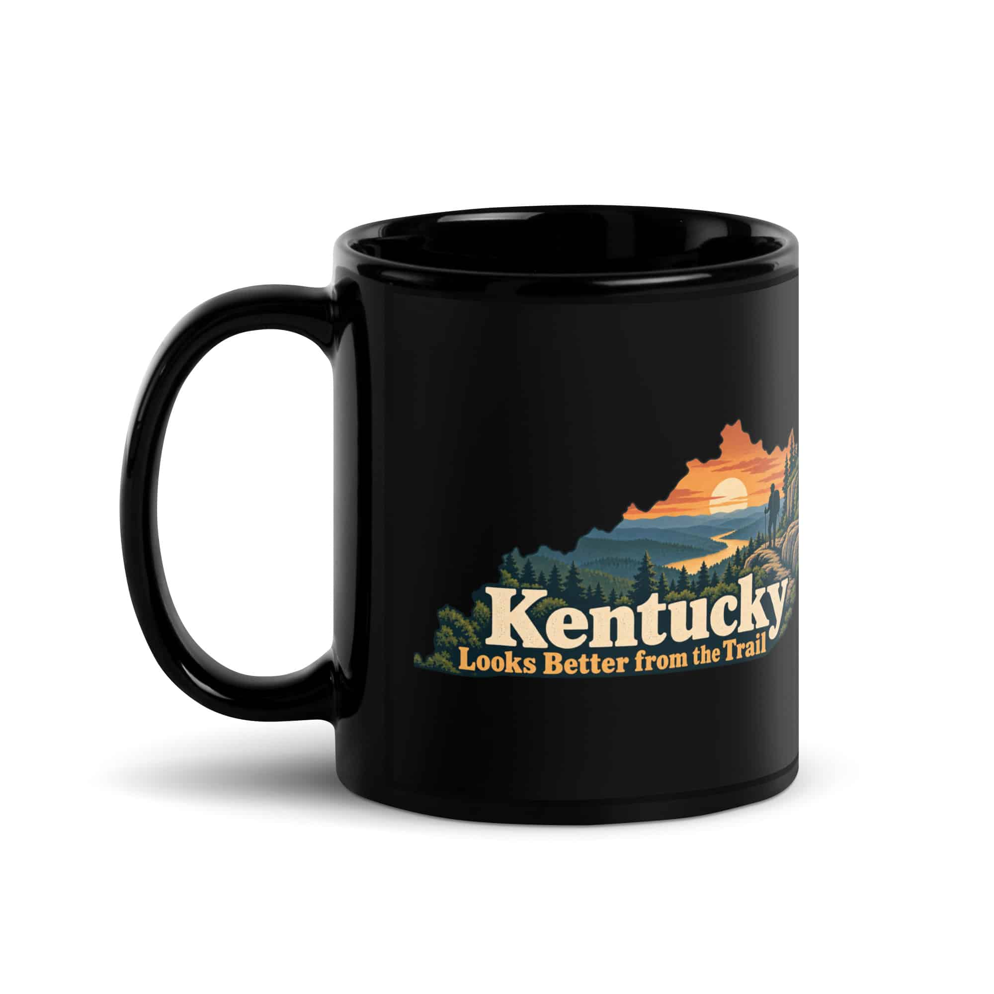 Kentucky Black Coffee Mug: Forest trail and hiking silhouette, Colorful Kentucky Silhouette