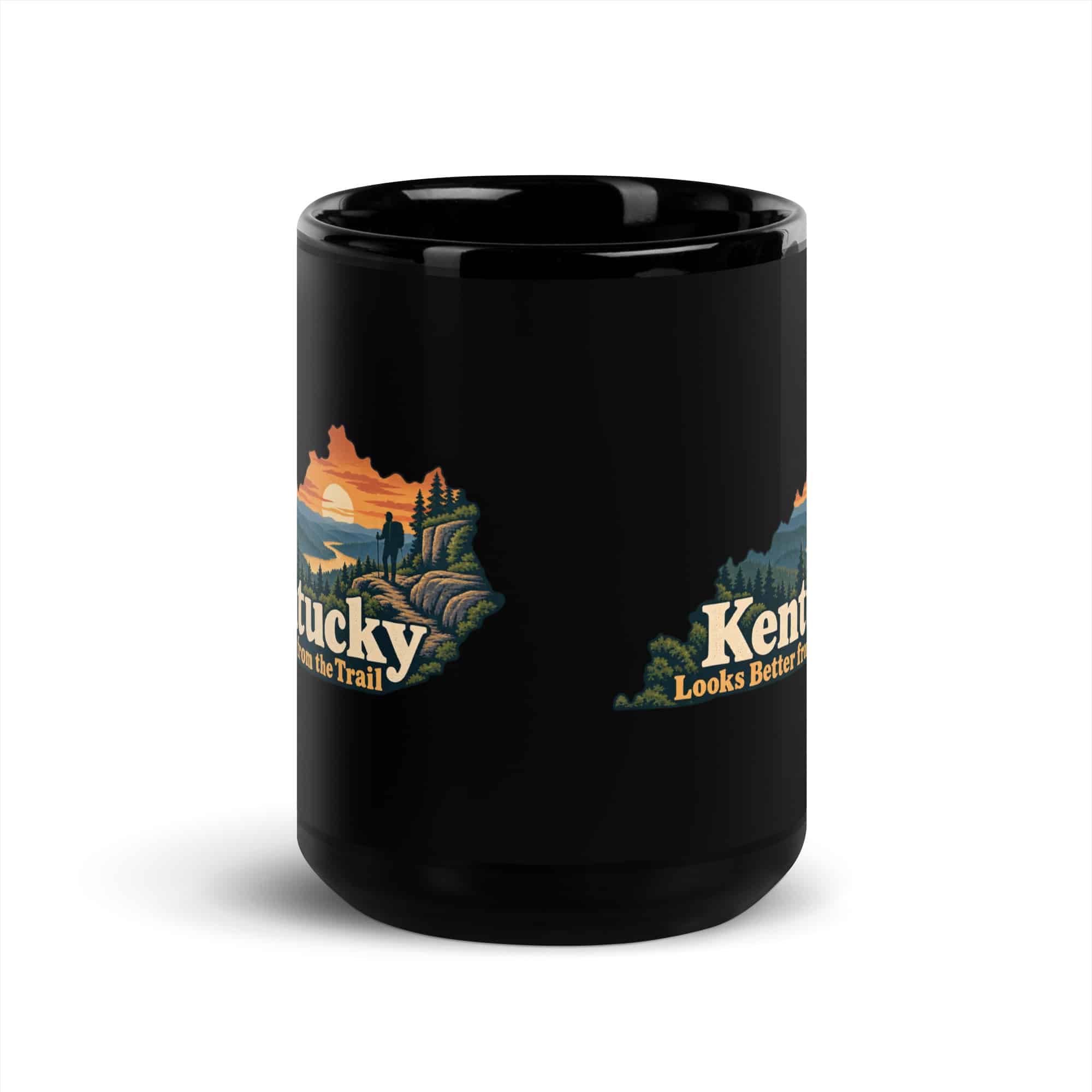 Kentucky Black Coffee Mug: Forest trail and hiking silhouette, Colorful Kentucky Silhouette