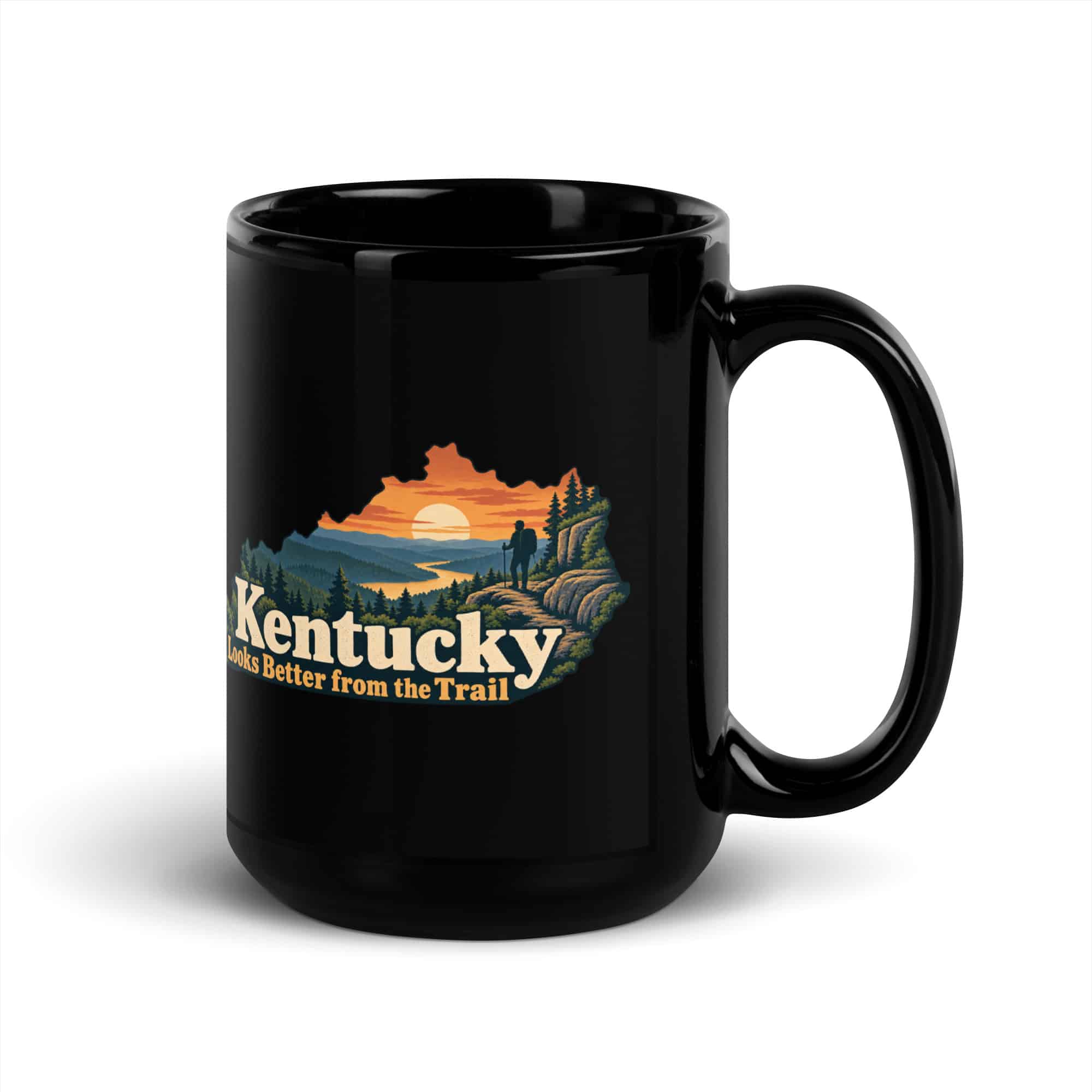 Kentucky Black Coffee Mug: Forest trail and hiking silhouette, Colorful Kentucky Silhouette