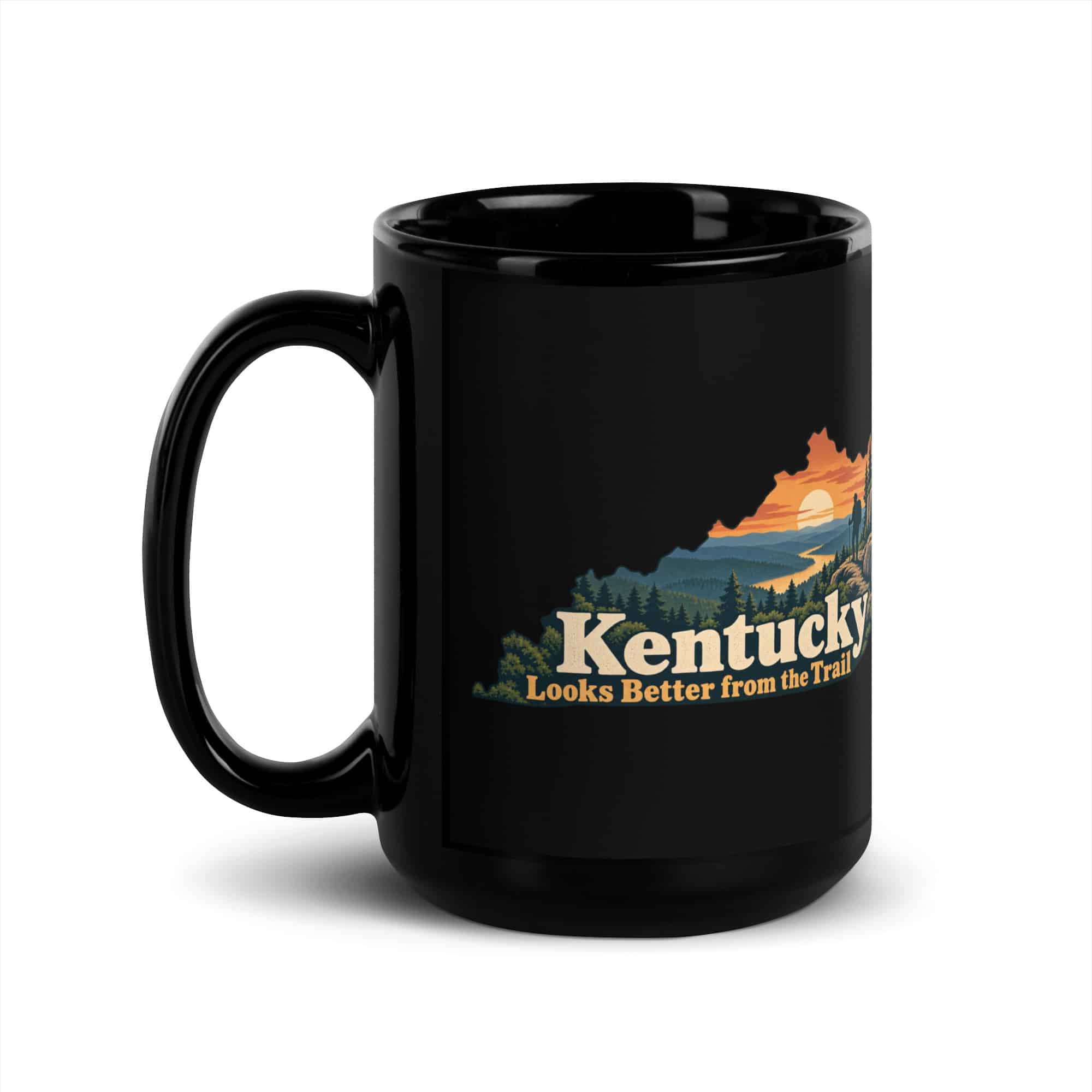Kentucky Black Coffee Mug: Forest trail and hiking silhouette, Colorful Kentucky Silhouette