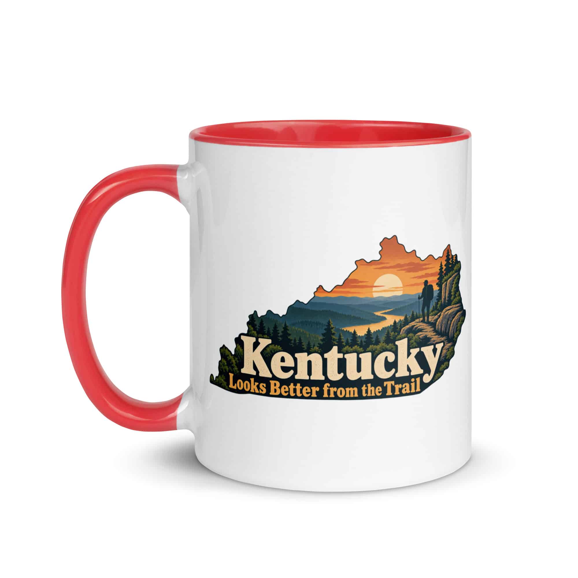 Kentucky Color Inside Coffee Mug: Forest trail and hiking silhouette, Colorful Kentucky Silhouette