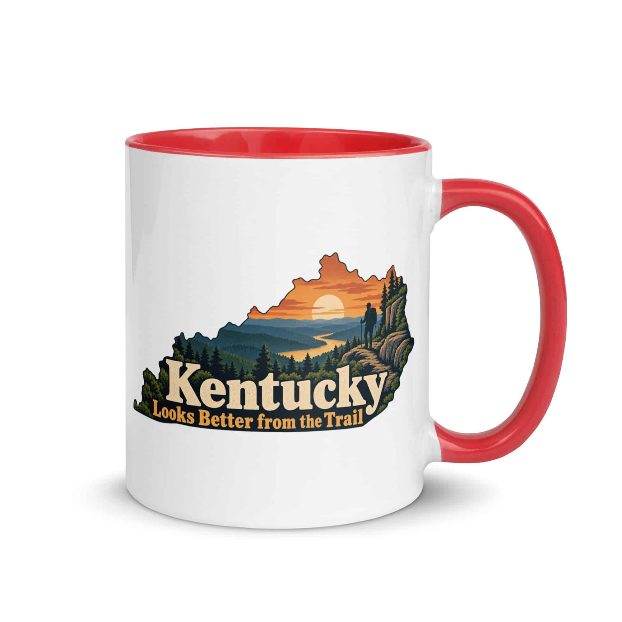 Kentucky Color Inside Coffee Mug: Forest trail and hiking silhouette, Colorful Kentucky Silhouette