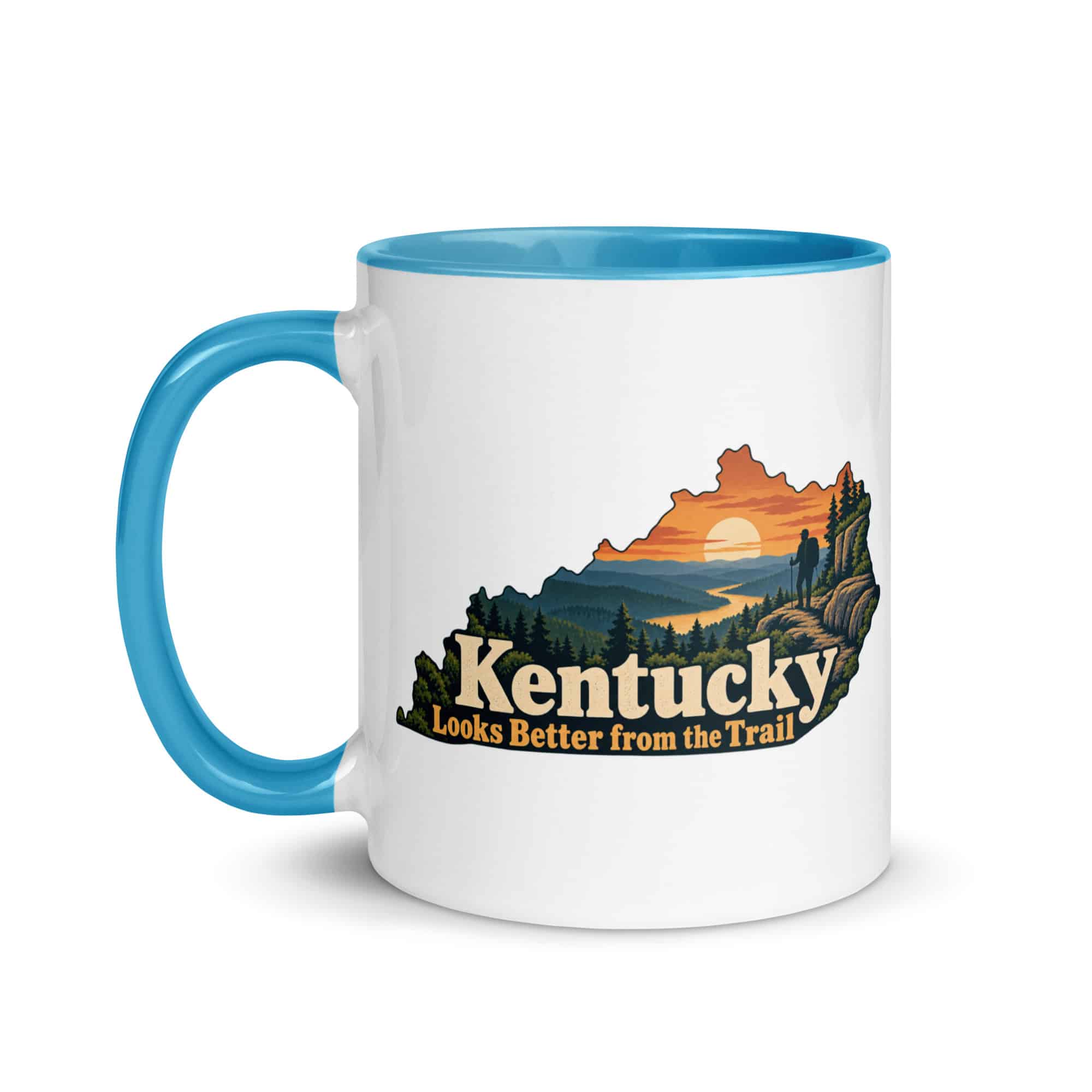 Kentucky Color Inside Coffee Mug: Forest trail and hiking silhouette, Colorful Kentucky Silhouette