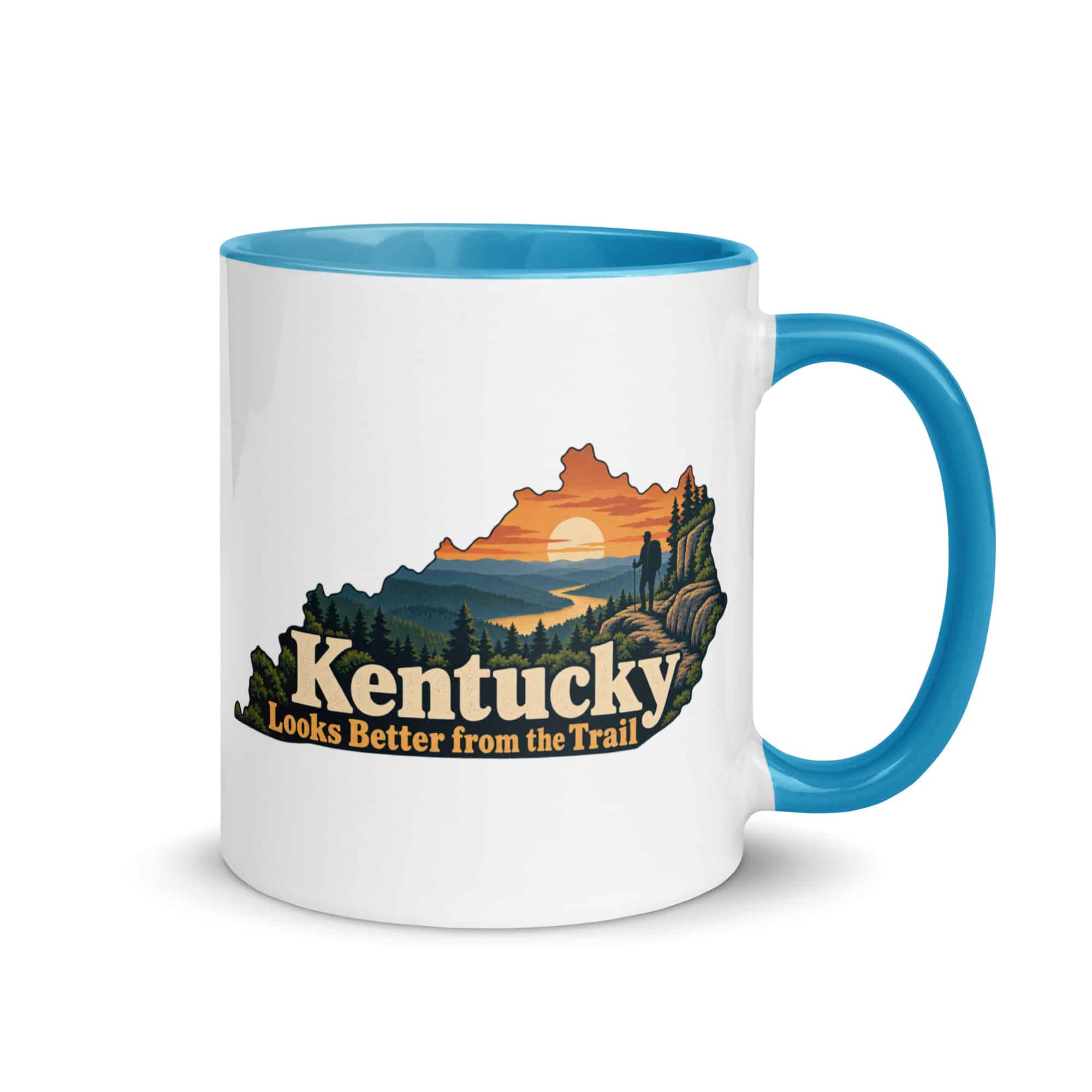 Kentucky Color Inside Coffee Mug: Forest trail and hiking silhouette, Colorful Kentucky Silhouette
