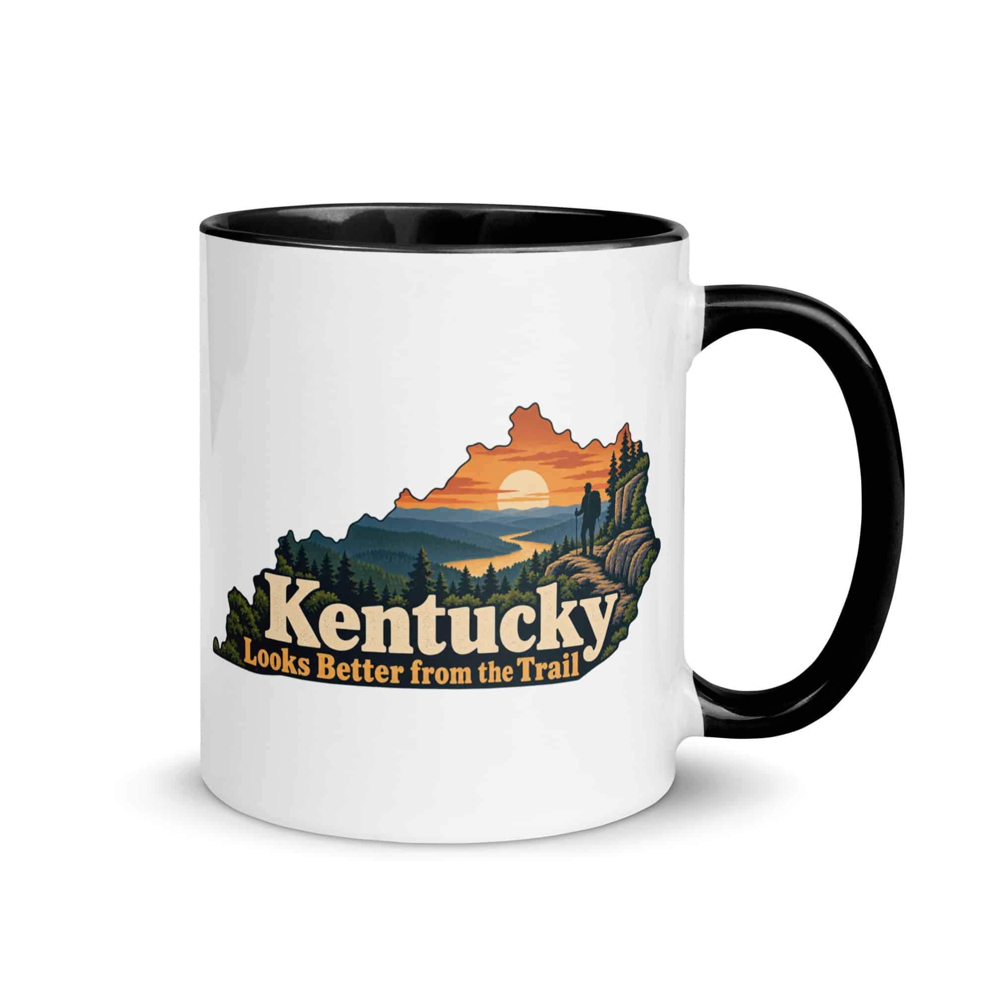 Kentucky Color Inside Coffee Mug: Forest trail and hiking silhouette, Colorful Kentucky Silhouette