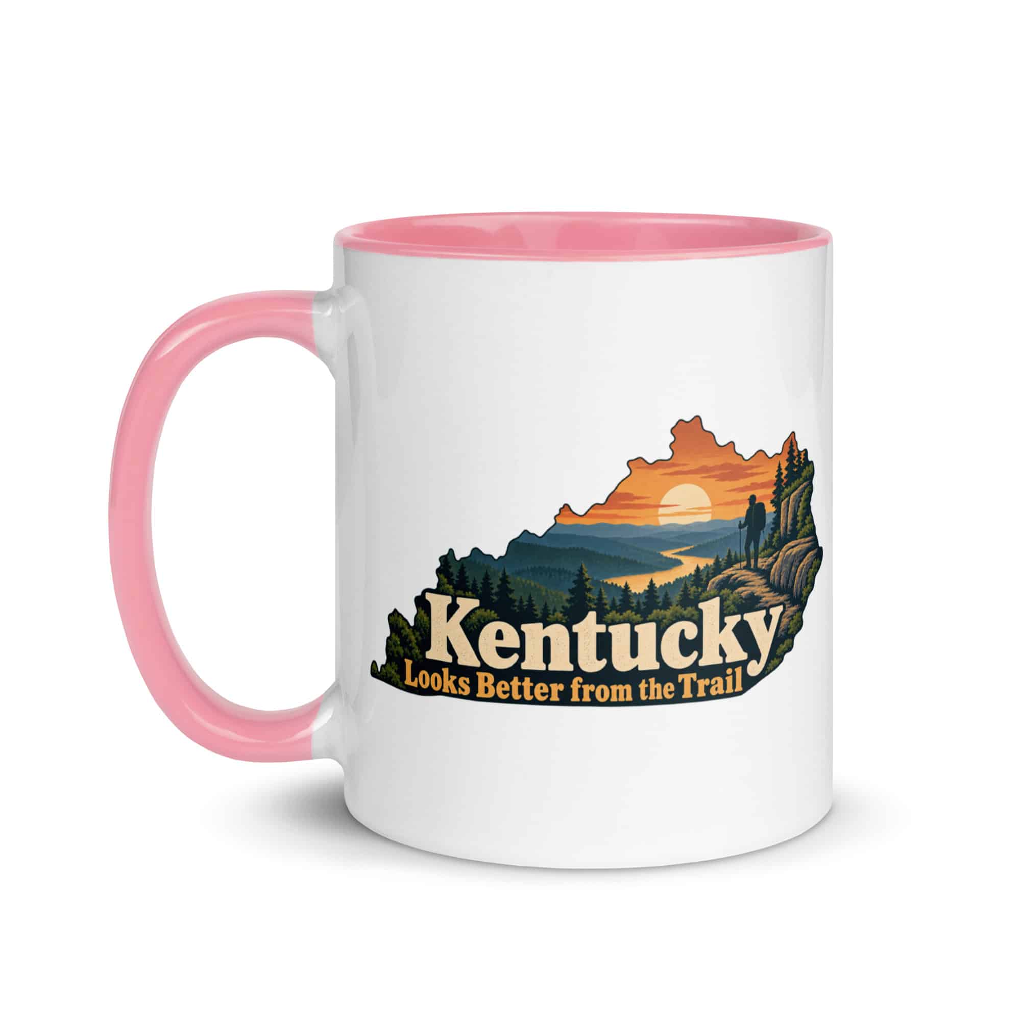 Kentucky Color Inside Coffee Mug: Forest trail and hiking silhouette, Colorful Kentucky Silhouette