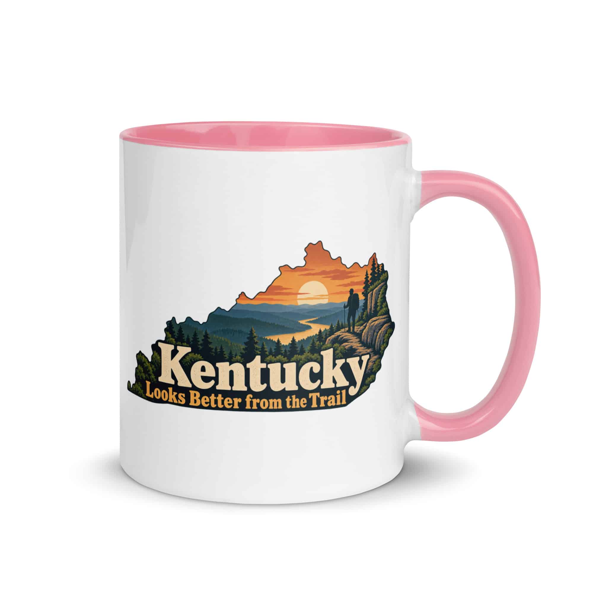 Kentucky Color Inside Coffee Mug: Forest trail and hiking silhouette, Colorful Kentucky Silhouette