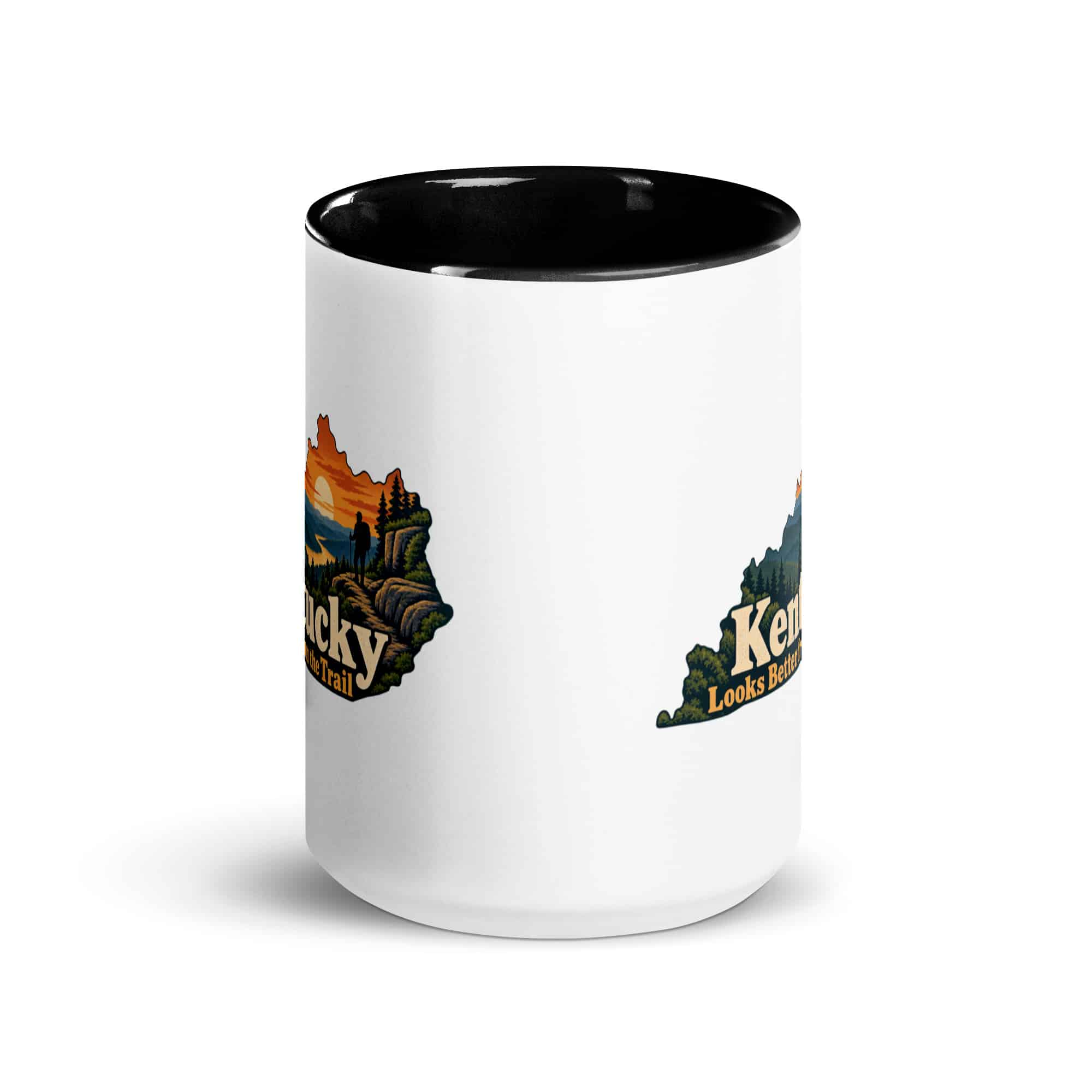 Kentucky Color Inside Coffee Mug: Forest trail and hiking silhouette, Colorful Kentucky Silhouette