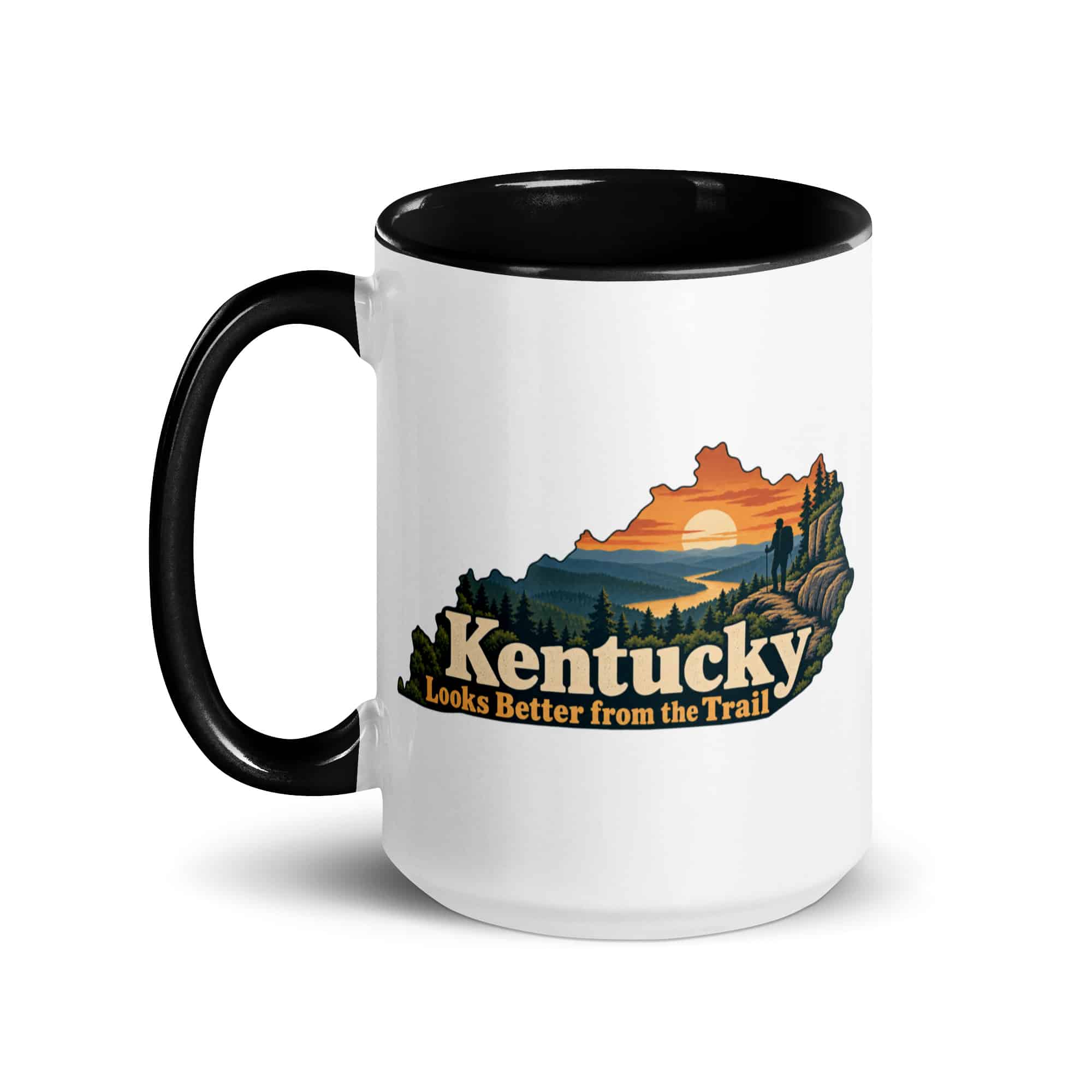 Kentucky Color Inside Coffee Mug: Forest trail and hiking silhouette, Colorful Kentucky Silhouette