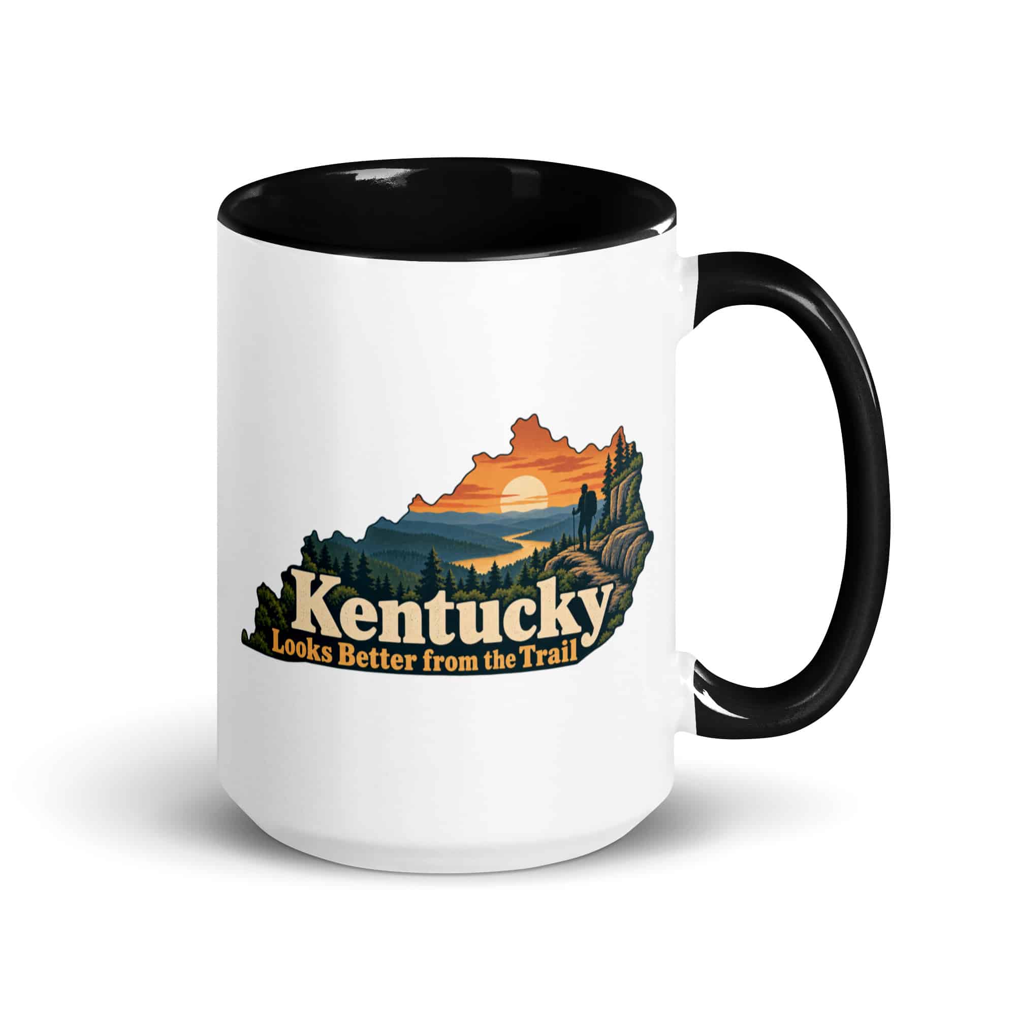 Kentucky Color Inside Coffee Mug: Forest trail and hiking silhouette, Colorful Kentucky Silhouette
