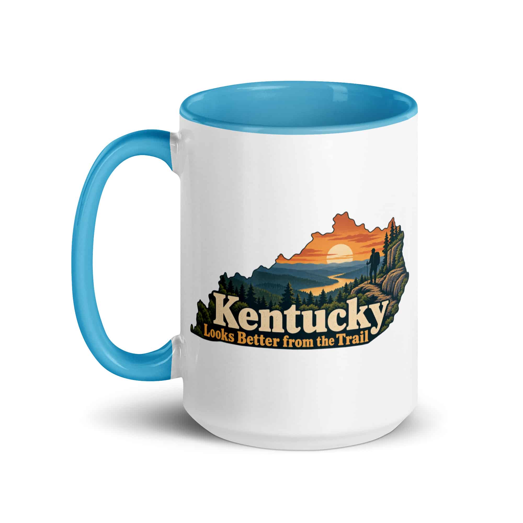 Kentucky Color Inside Coffee Mug: Forest trail and hiking silhouette, Colorful Kentucky Silhouette