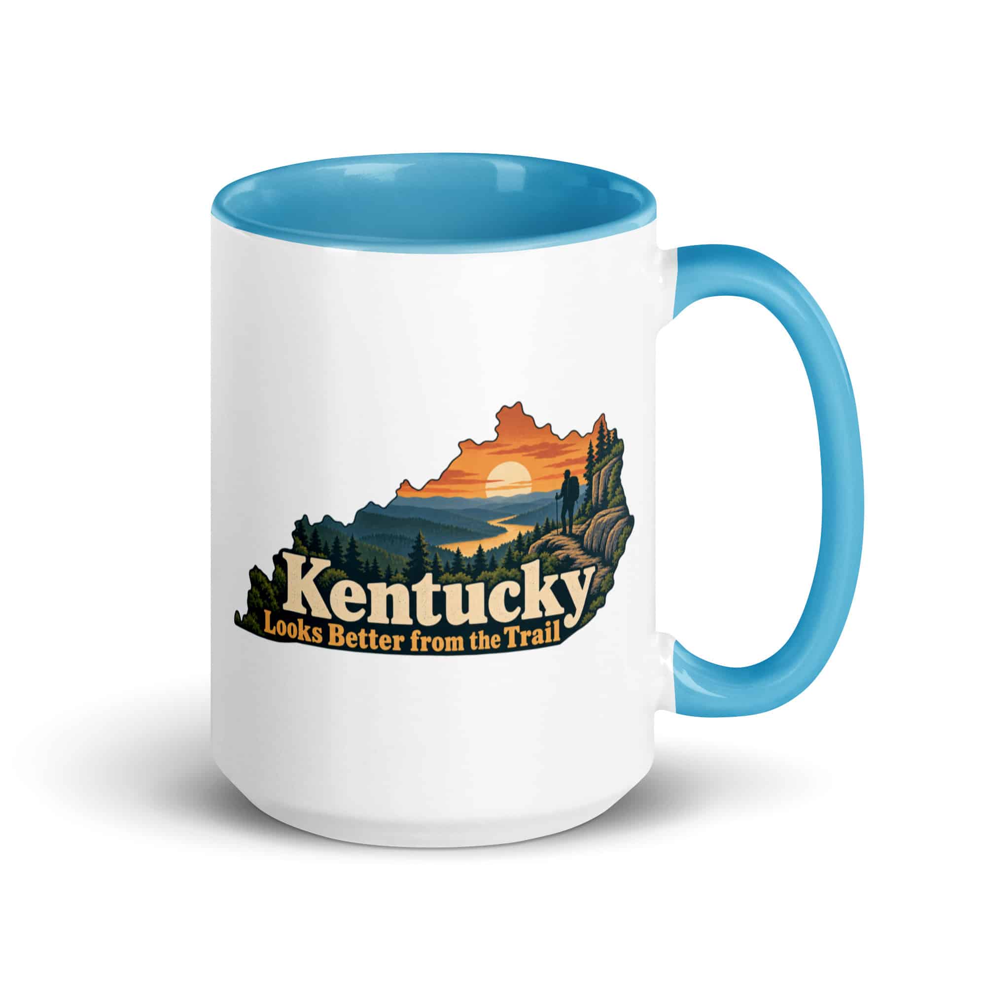 Kentucky Color Inside Coffee Mug: Forest trail and hiking silhouette, Colorful Kentucky Silhouette