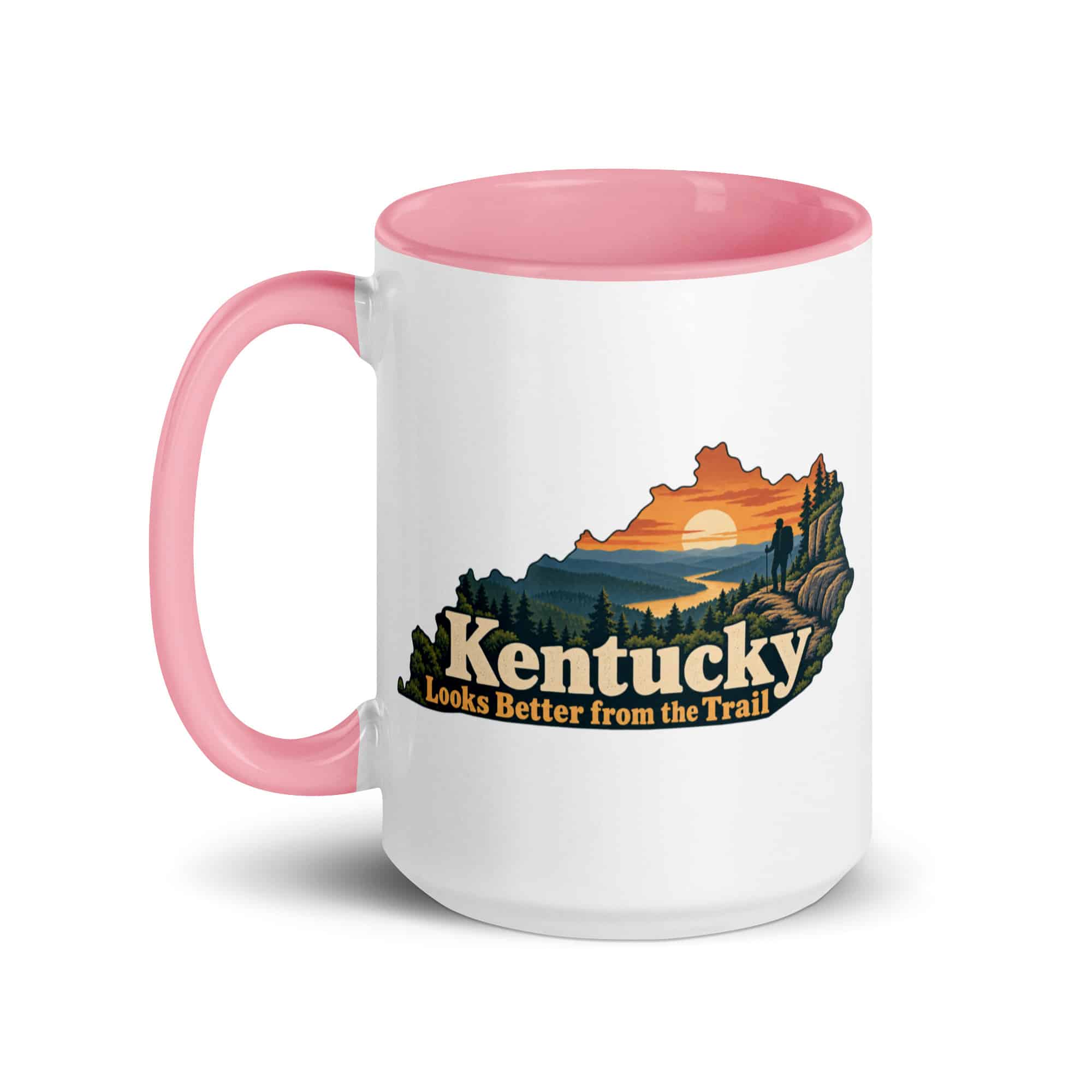 Kentucky Color Inside Coffee Mug: Forest trail and hiking silhouette, Colorful Kentucky Silhouette