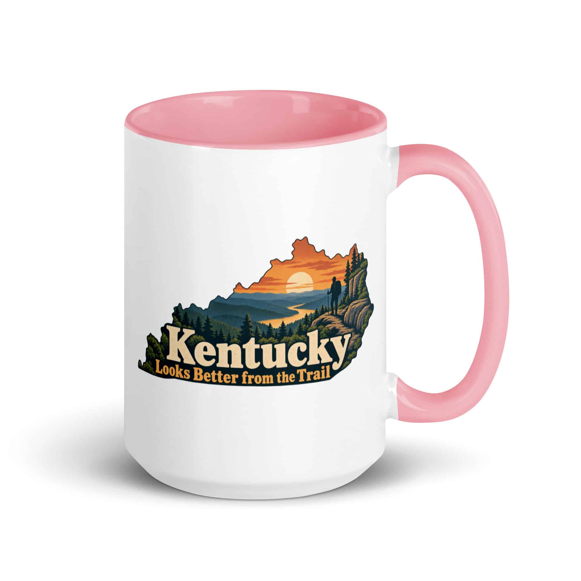 Kentucky Color Inside Coffee Mug: Forest trail and hiking silhouette, Colorful Kentucky Silhouette