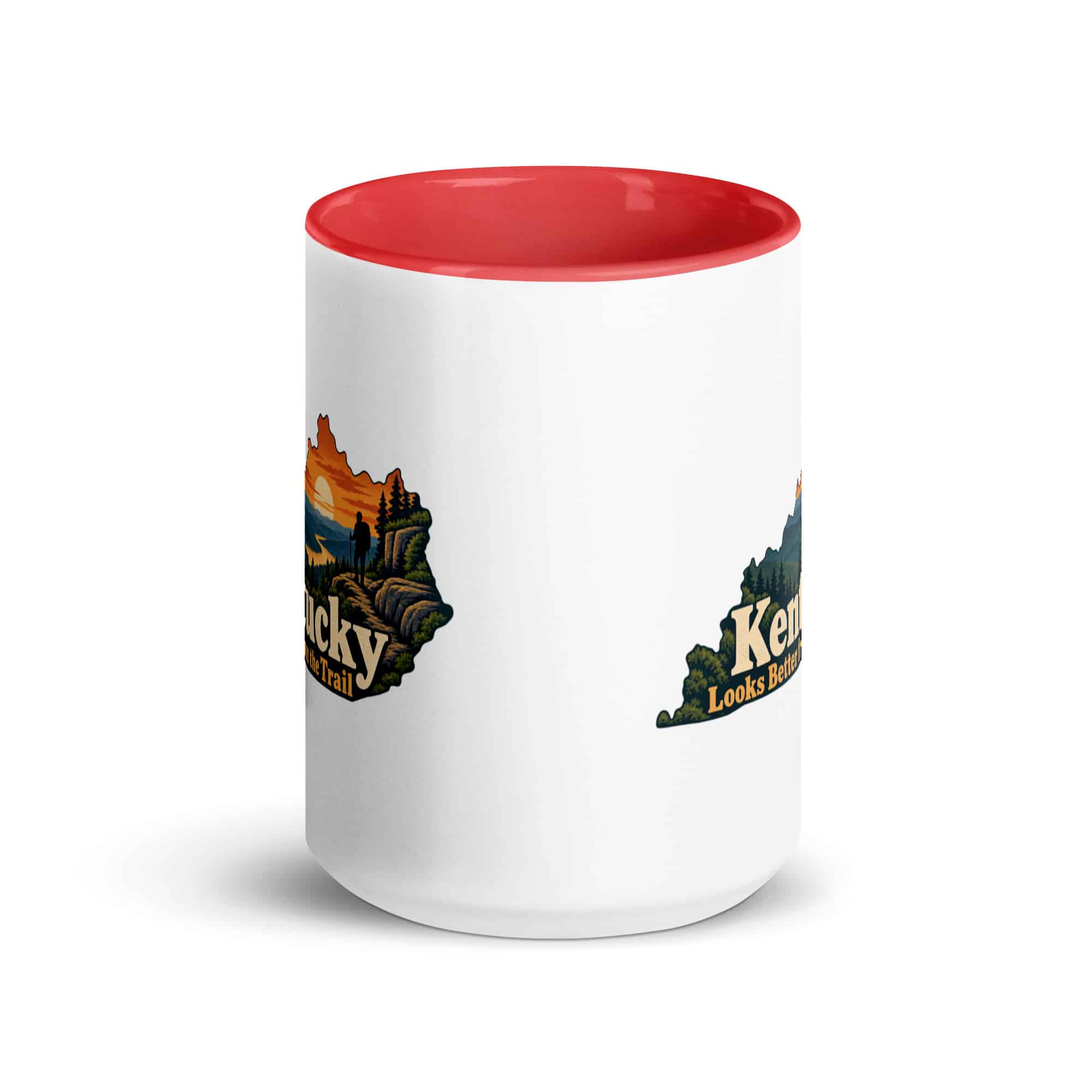 Kentucky Color Inside Coffee Mug: Forest trail and hiking silhouette, Colorful Kentucky Silhouette