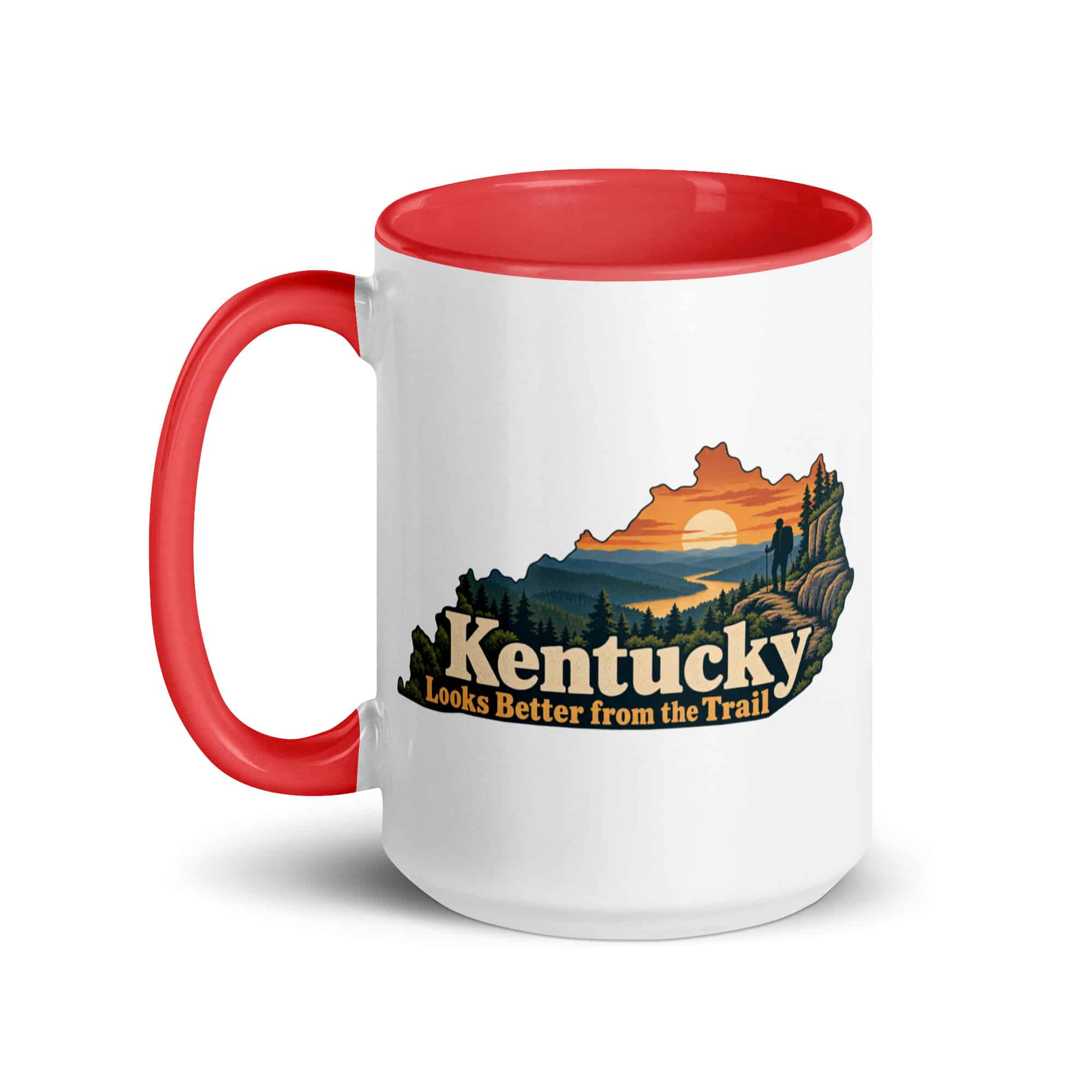 Kentucky Color Inside Coffee Mug: Forest trail and hiking silhouette, Colorful Kentucky Silhouette