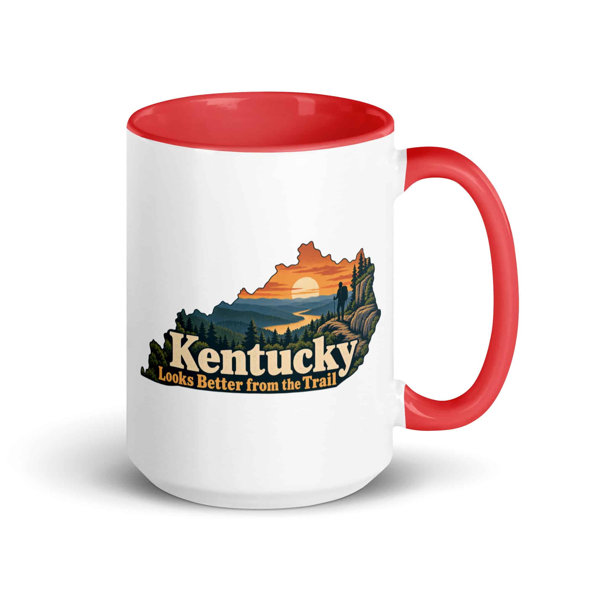 Kentucky Color Inside Coffee Mug: Forest trail and hiking silhouette, Colorful Kentucky Silhouette