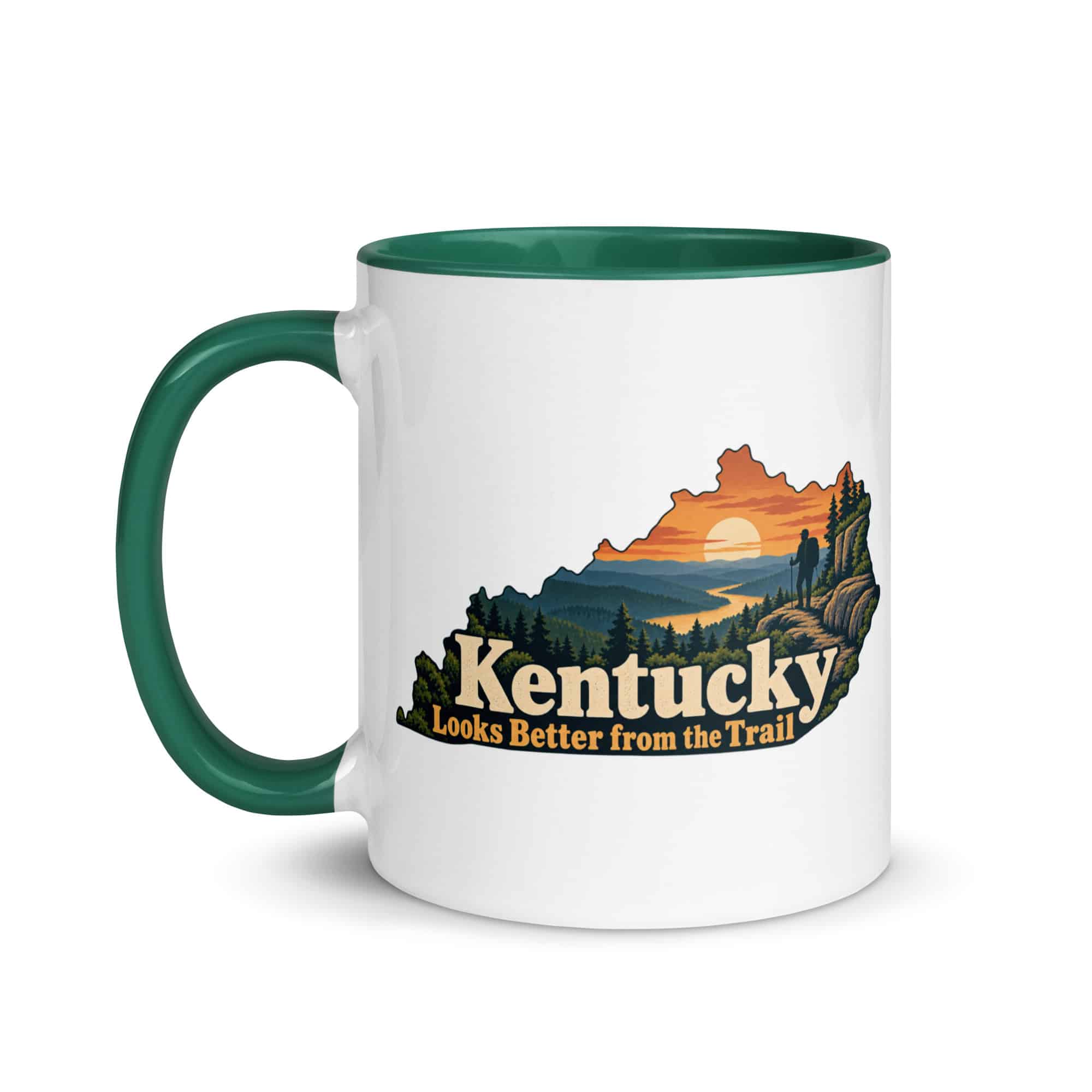 Kentucky Color Inside Coffee Mug: Forest trail and hiking silhouette, Colorful Kentucky Silhouette