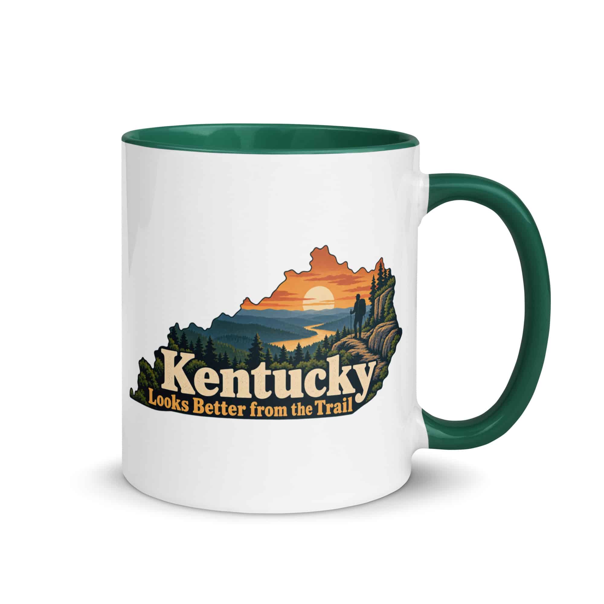 Kentucky Color Inside Coffee Mug: Forest trail and hiking silhouette, Colorful Kentucky Silhouette