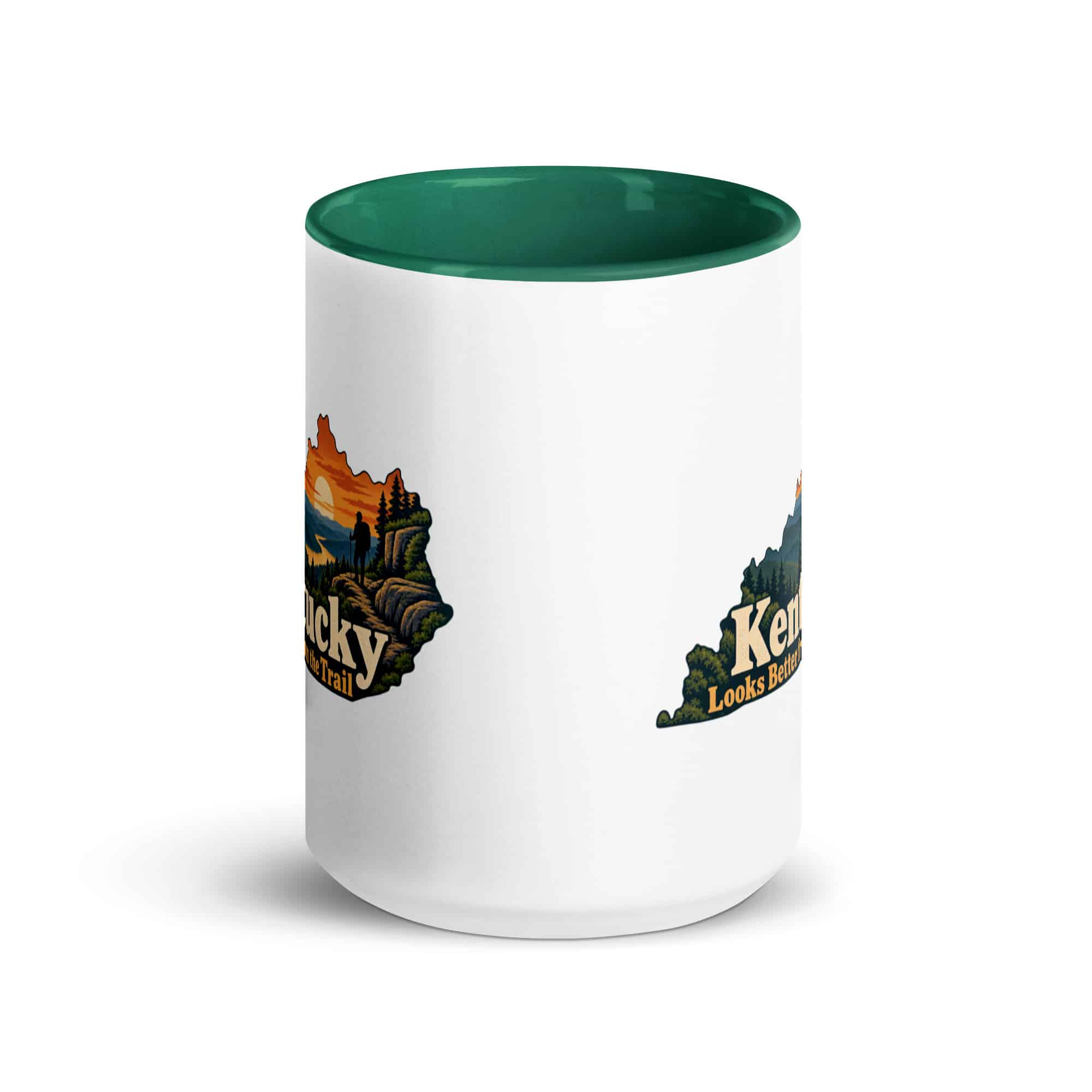 Kentucky Color Inside Coffee Mug: Forest trail and hiking silhouette, Colorful Kentucky Silhouette