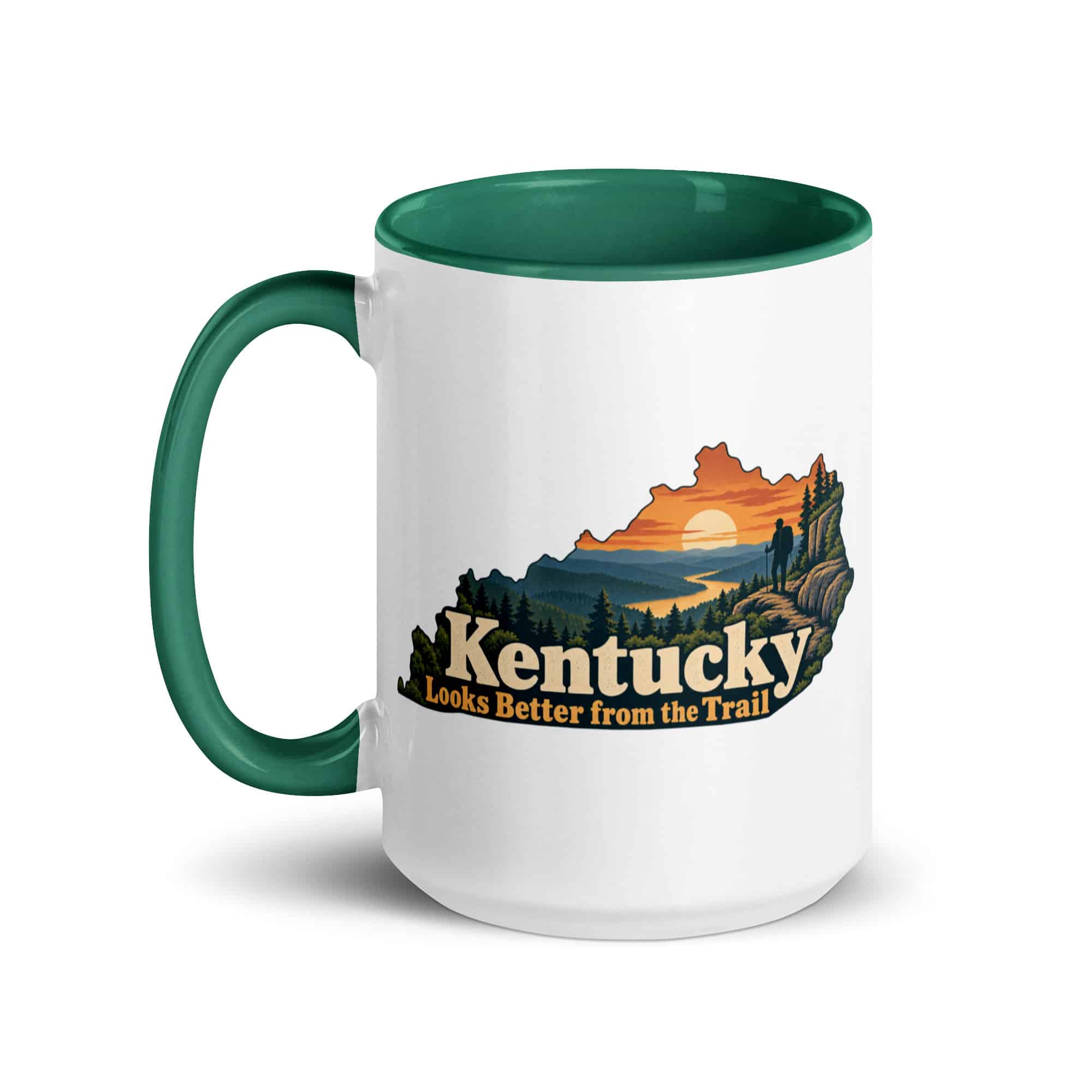 Kentucky Color Inside Coffee Mug: Forest trail and hiking silhouette, Colorful Kentucky Silhouette