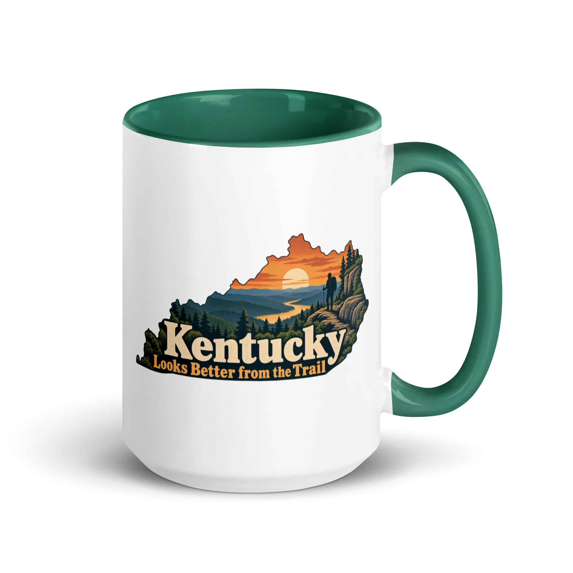 Kentucky Color Inside Coffee Mug: Forest trail and hiking silhouette, Colorful Kentucky Silhouette