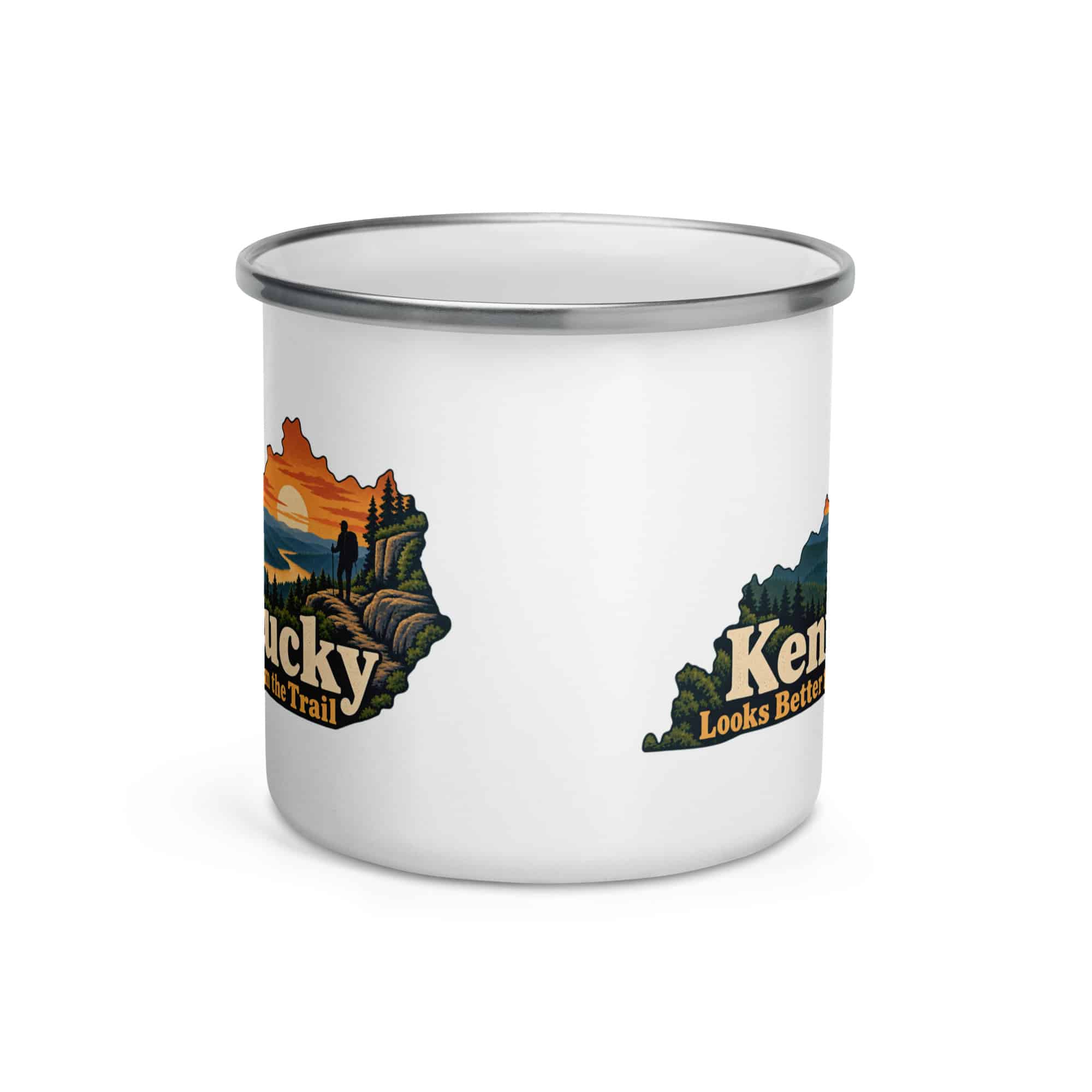 Kentucky Enamel Camp Mug: Forest trail and hiking silhouette, Colorful Kentucky Silhouette