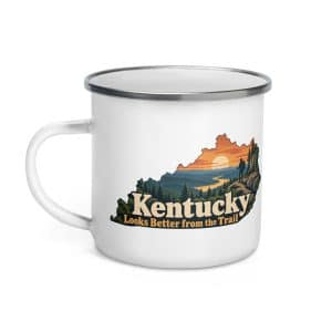 Kentucky Enamel Camp Mug: Forest trail and hiking silhouette, Colorful Kentucky Silhouette - 12 oz - Left