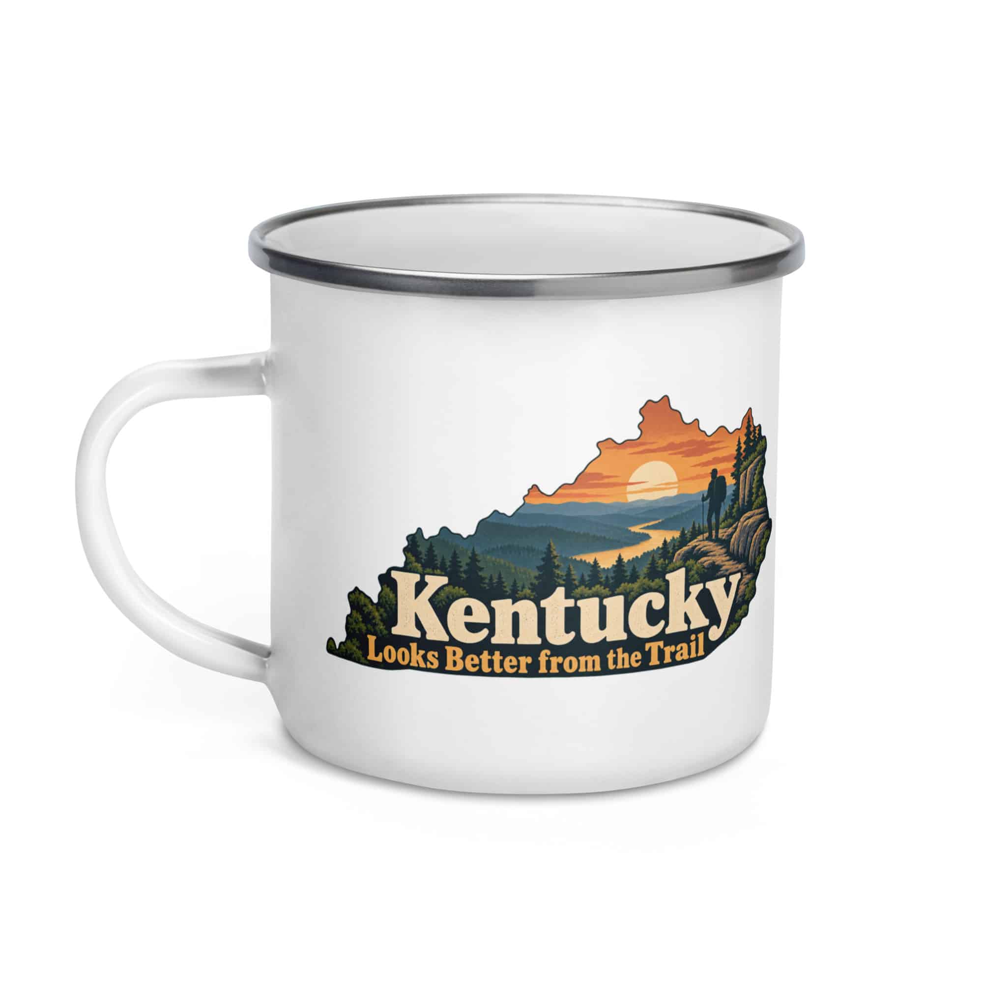 Kentucky Enamel Camp Mug: Forest trail and hiking silhouette, Colorful Kentucky Silhouette