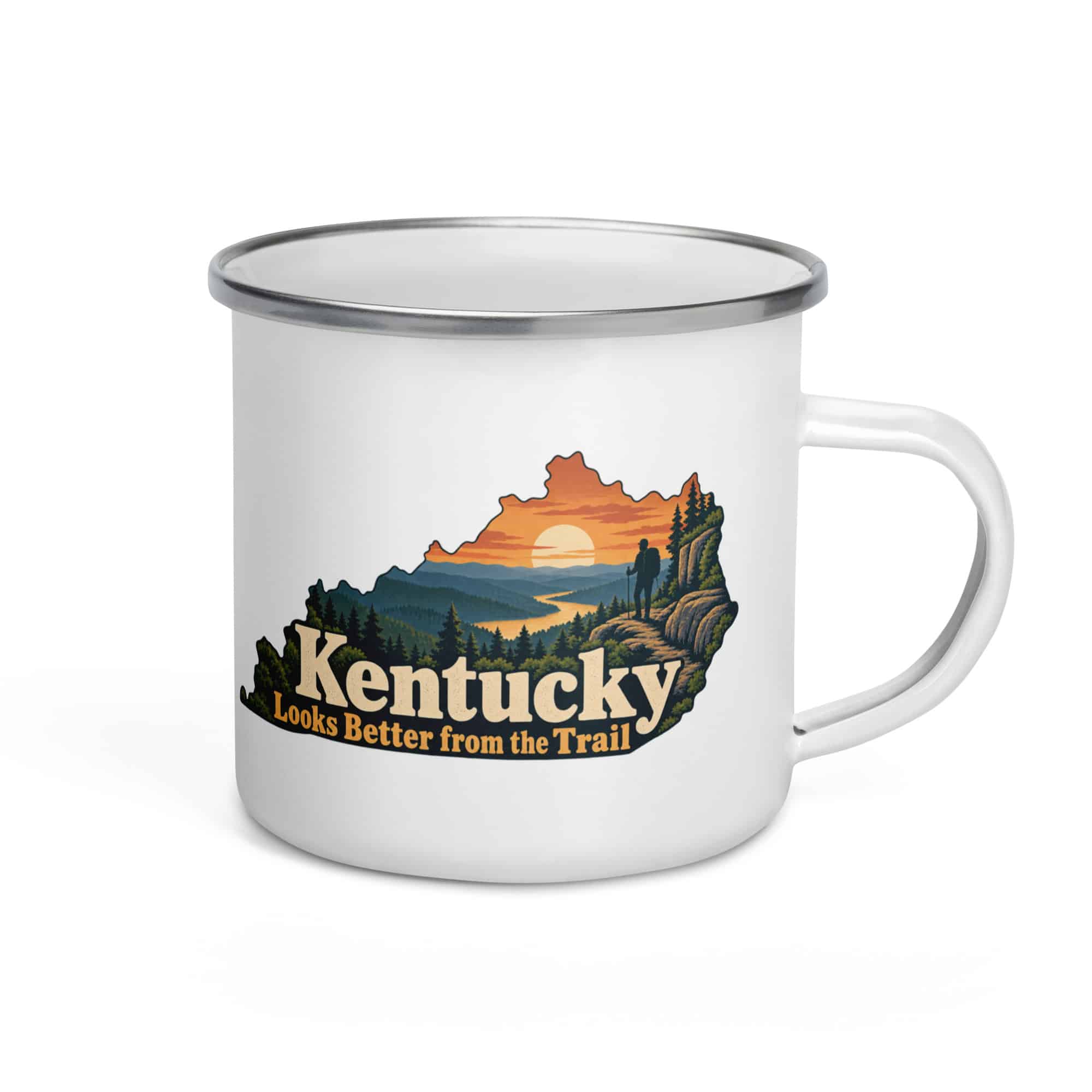 Kentucky Enamel Camp Mug: Forest trail and hiking silhouette, Colorful Kentucky Silhouette