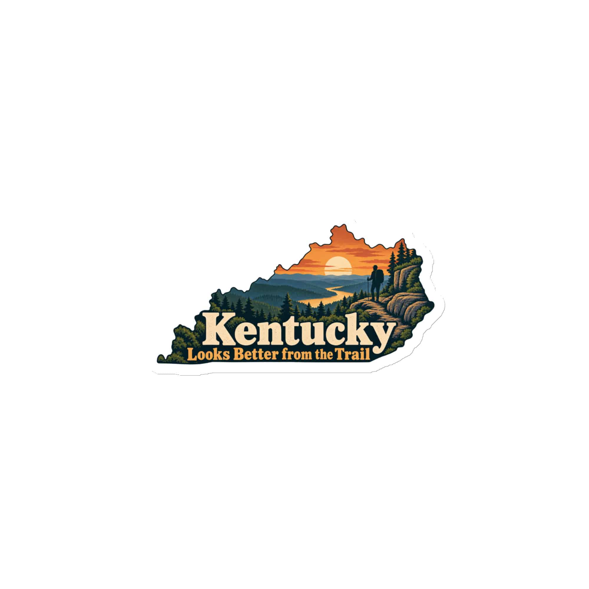Kentucky Die-Cut Magnet: Forest trail and hiking silhouette, Colorful Kentucky Silhouette