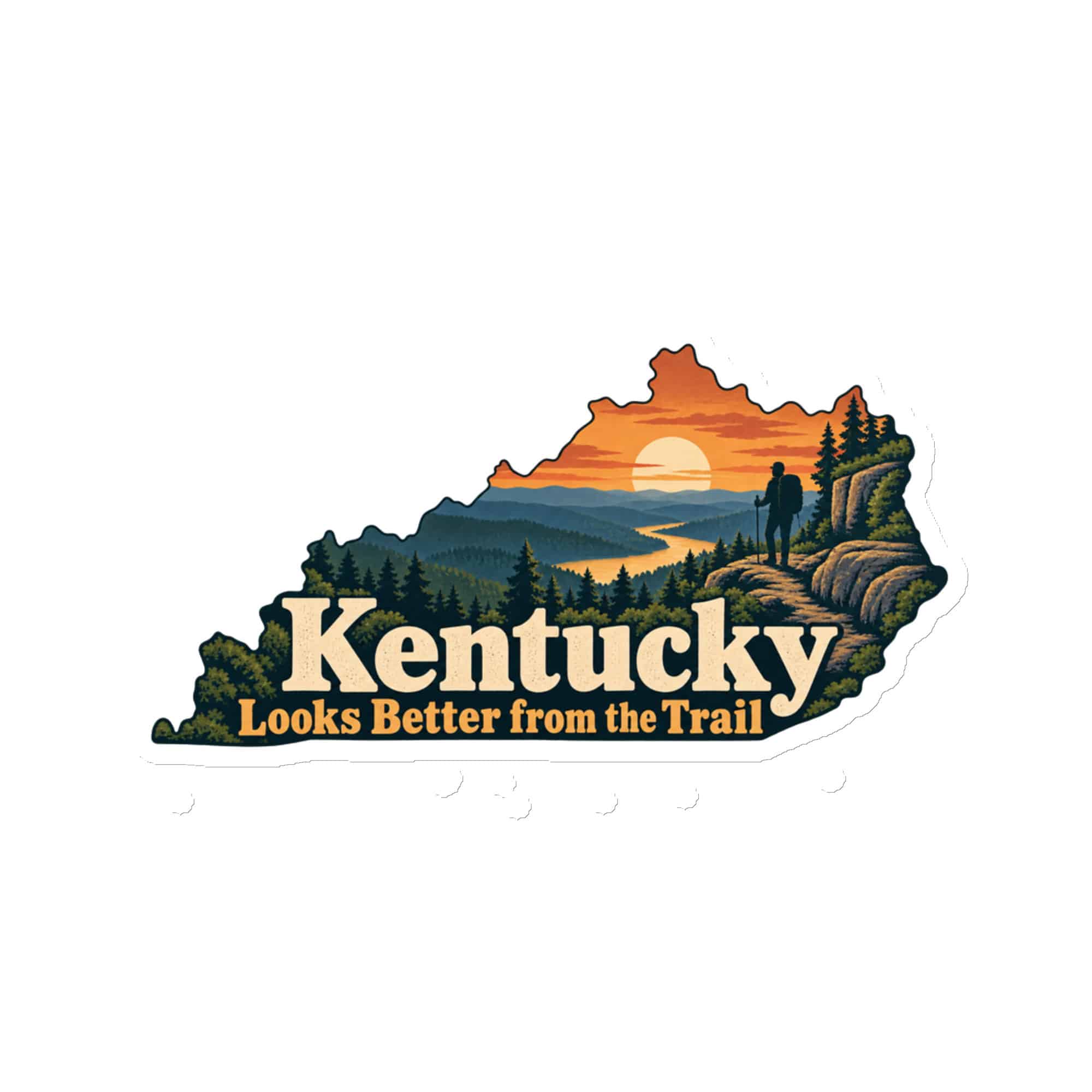 Kentucky Die-Cut Magnet: Forest trail and hiking silhouette, Colorful Kentucky Silhouette