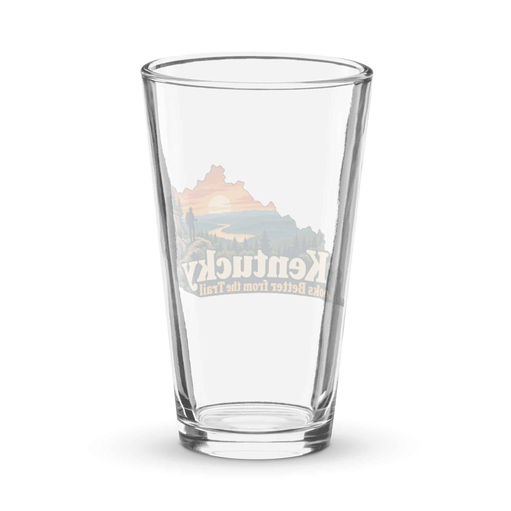 Kentucky Pint Glass: Forest trail and hiking silhouette, Colorful Kentucky Silhouette