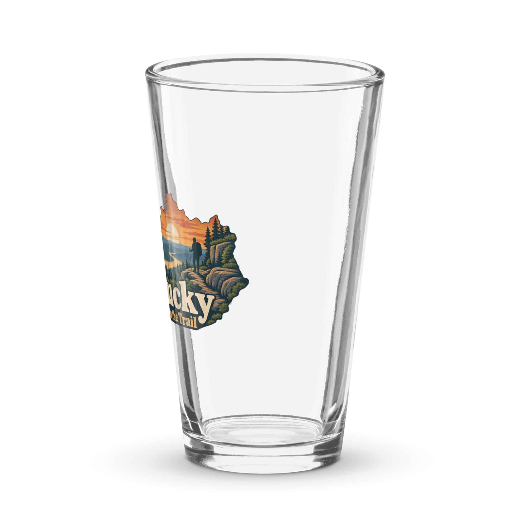Kentucky Pint Glass: Forest trail and hiking silhouette, Colorful Kentucky Silhouette