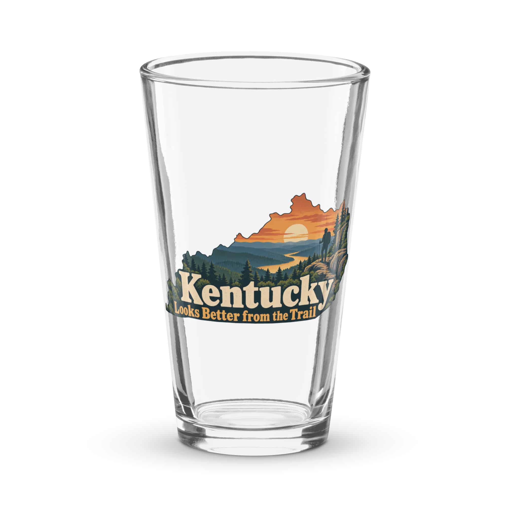 Kentucky Pint Glass: Forest trail and hiking silhouette, Colorful Kentucky Silhouette