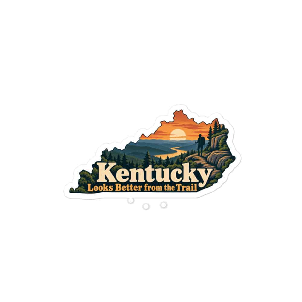 Kentucky Vinyl Sticker: Forest trail and hiking silhouette, Colorful Kentucky Silhouette