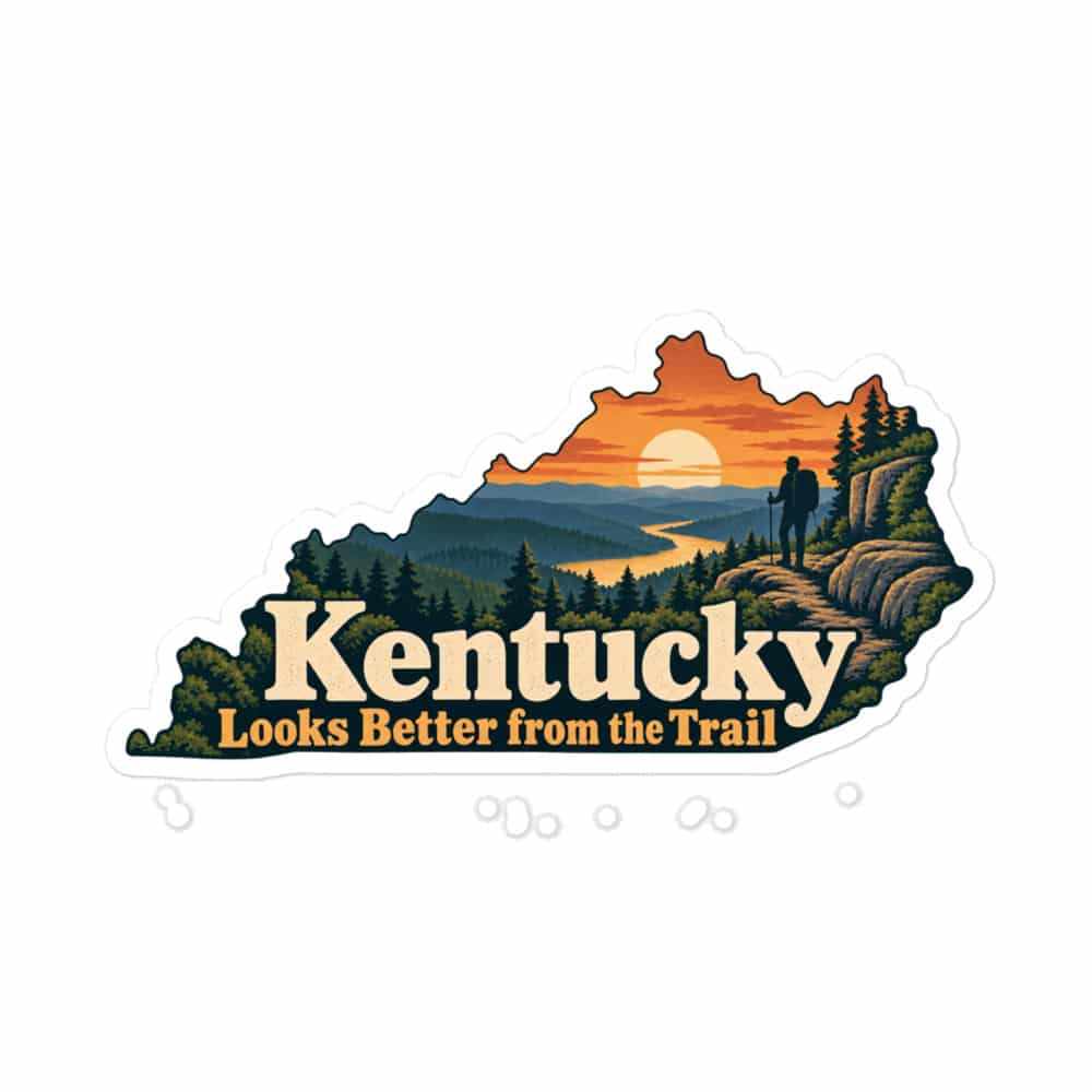 Kentucky Vinyl Sticker: Forest trail and hiking silhouette, Colorful Kentucky Silhouette
