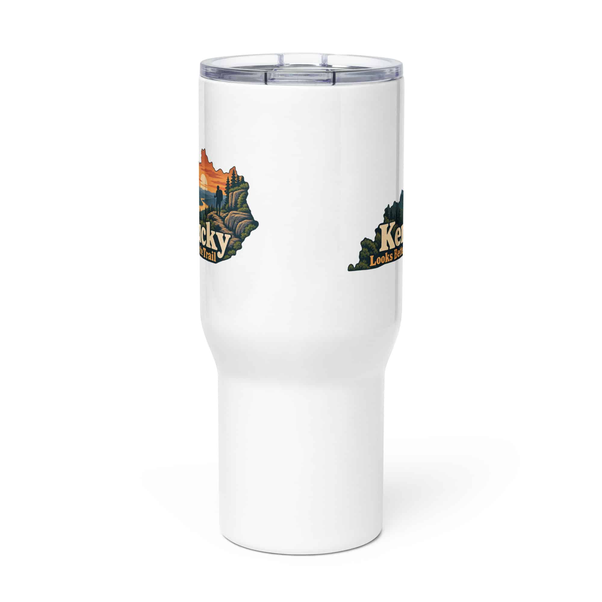 Kentucky Travel Mug: Forest trail and hiking silhouette, Colorful Kentucky Silhouette