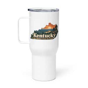 Kentucky Travel Mug: Forest trail and hiking silhouette, Colorful Kentucky Silhouette - 25 oz - Main