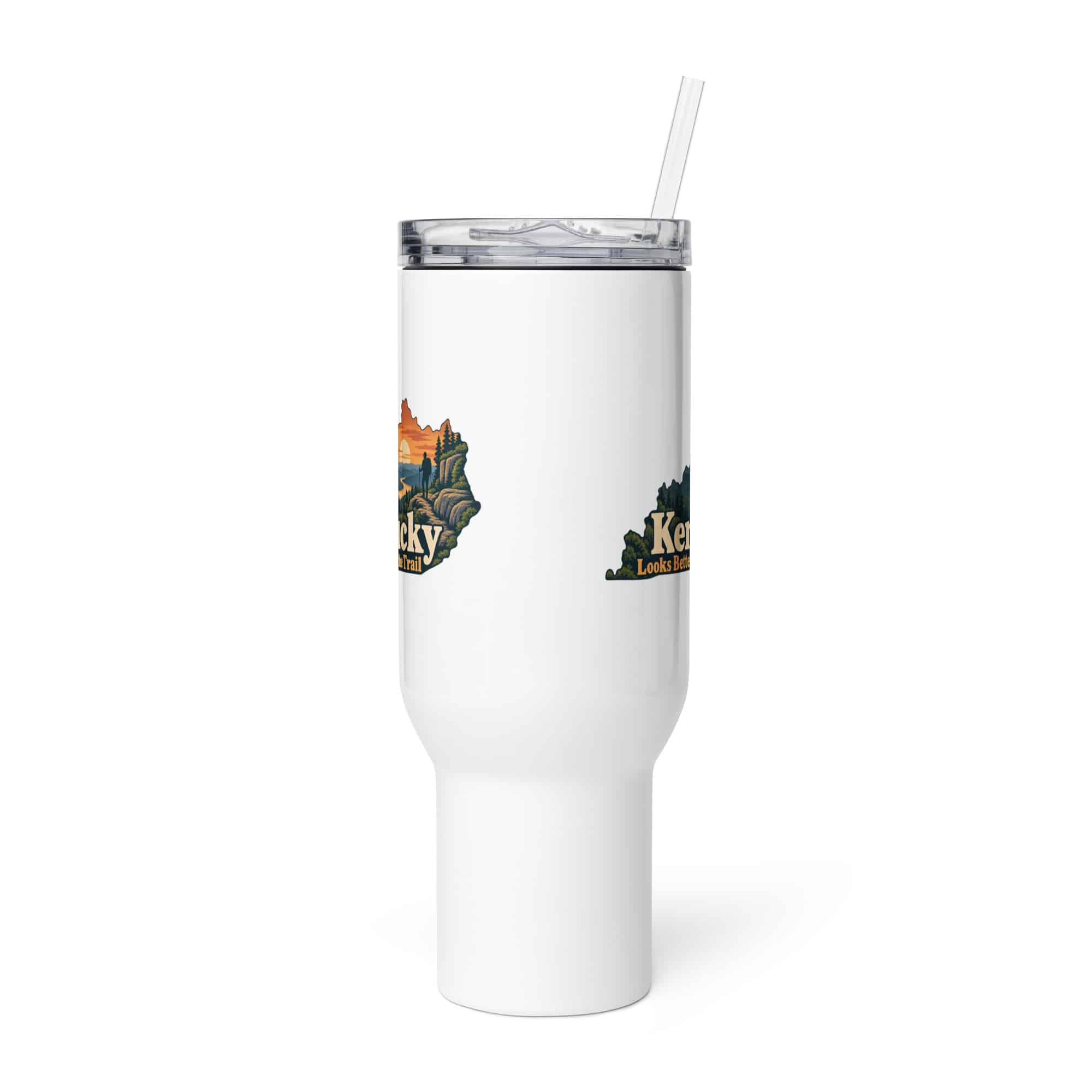 Kentucky Travel Mug: Forest trail and hiking silhouette, Colorful Kentucky Silhouette