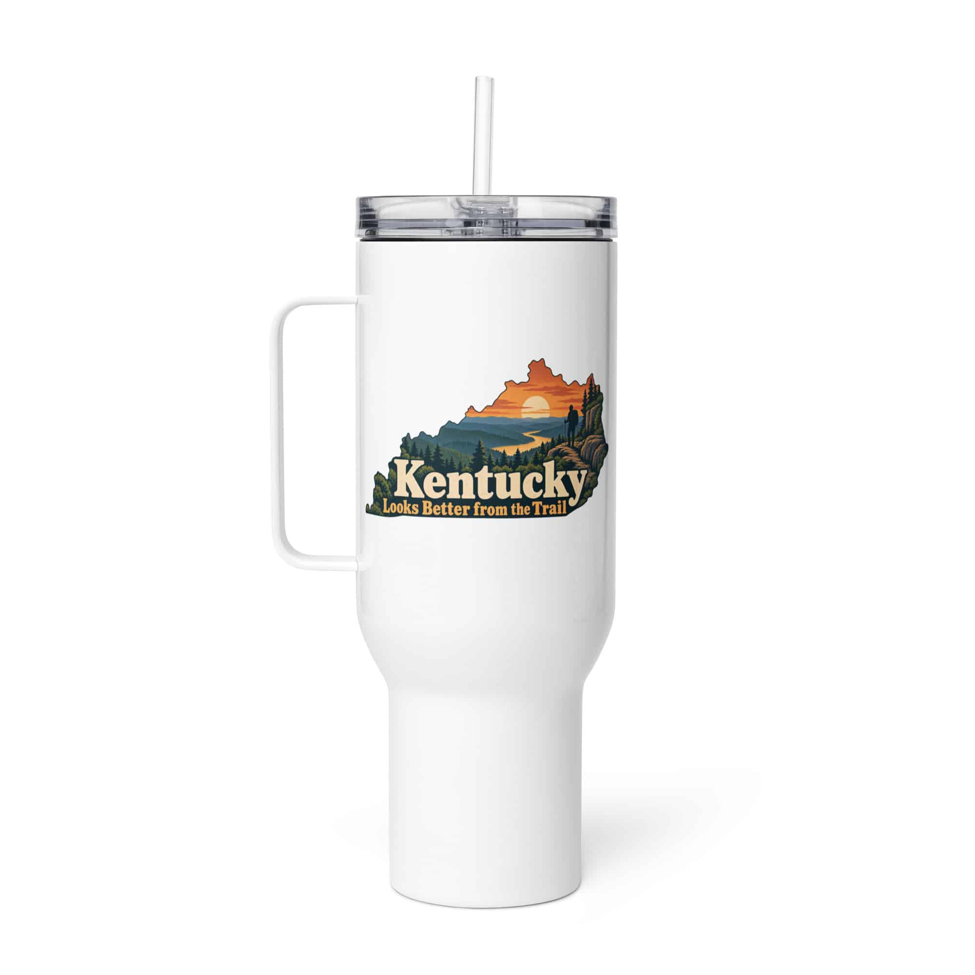Kentucky Travel Mug: Forest trail and hiking silhouette, Colorful Kentucky Silhouette