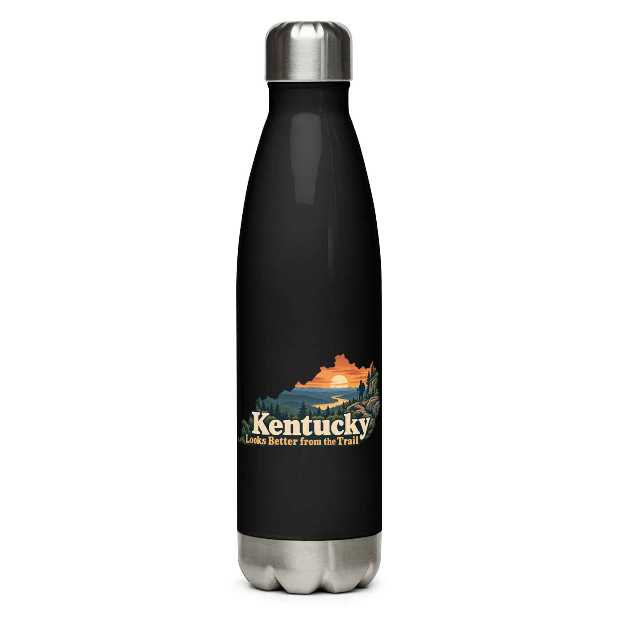 Kentucky Stainless Steel Water Bottle: Forest trail and hiking silhouette, Colorful Kentucky Silhouette