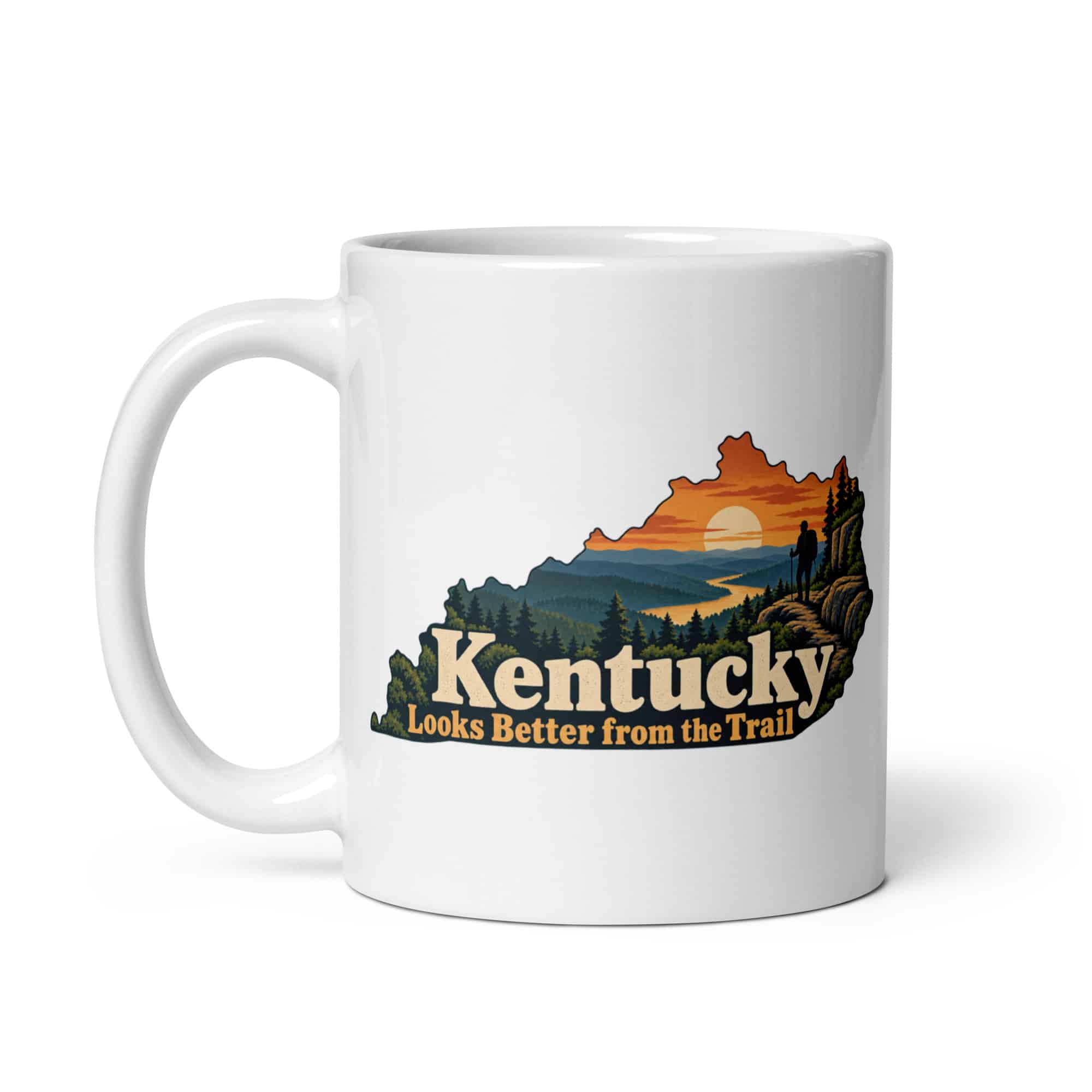 Kentucky White Ceramic Coffee Mug: Forest trail and hiking silhouette, Colorful Kentucky Silhouette