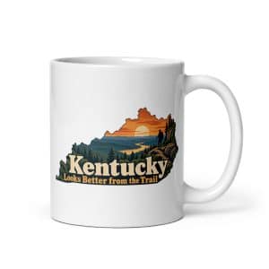 Kentucky White Ceramic Coffee Mug: Forest trail and hiking silhouette, Colorful Kentucky Silhouette - 11 oz - Main